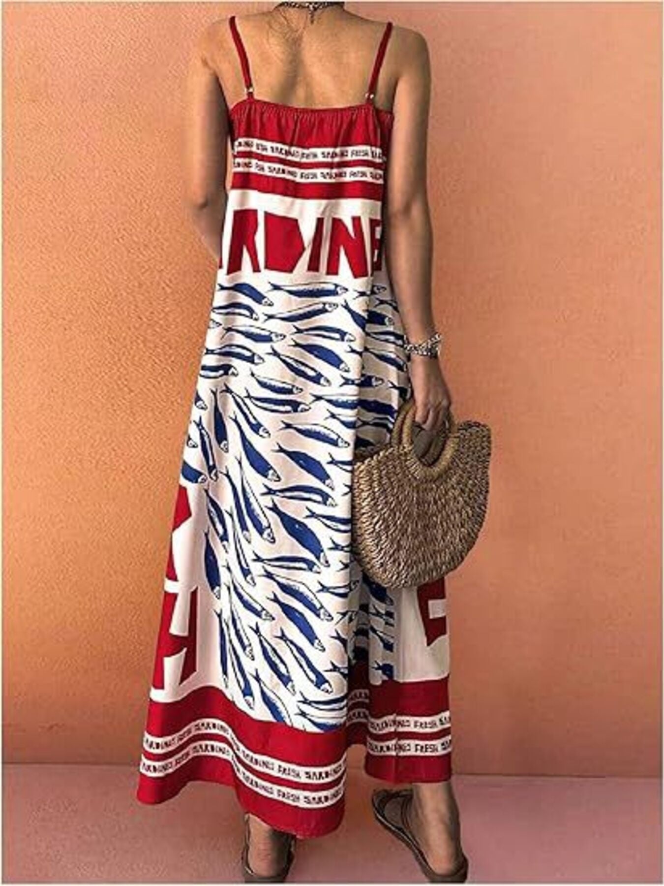Sardine Print Spaghetti Strap Maxi Dress