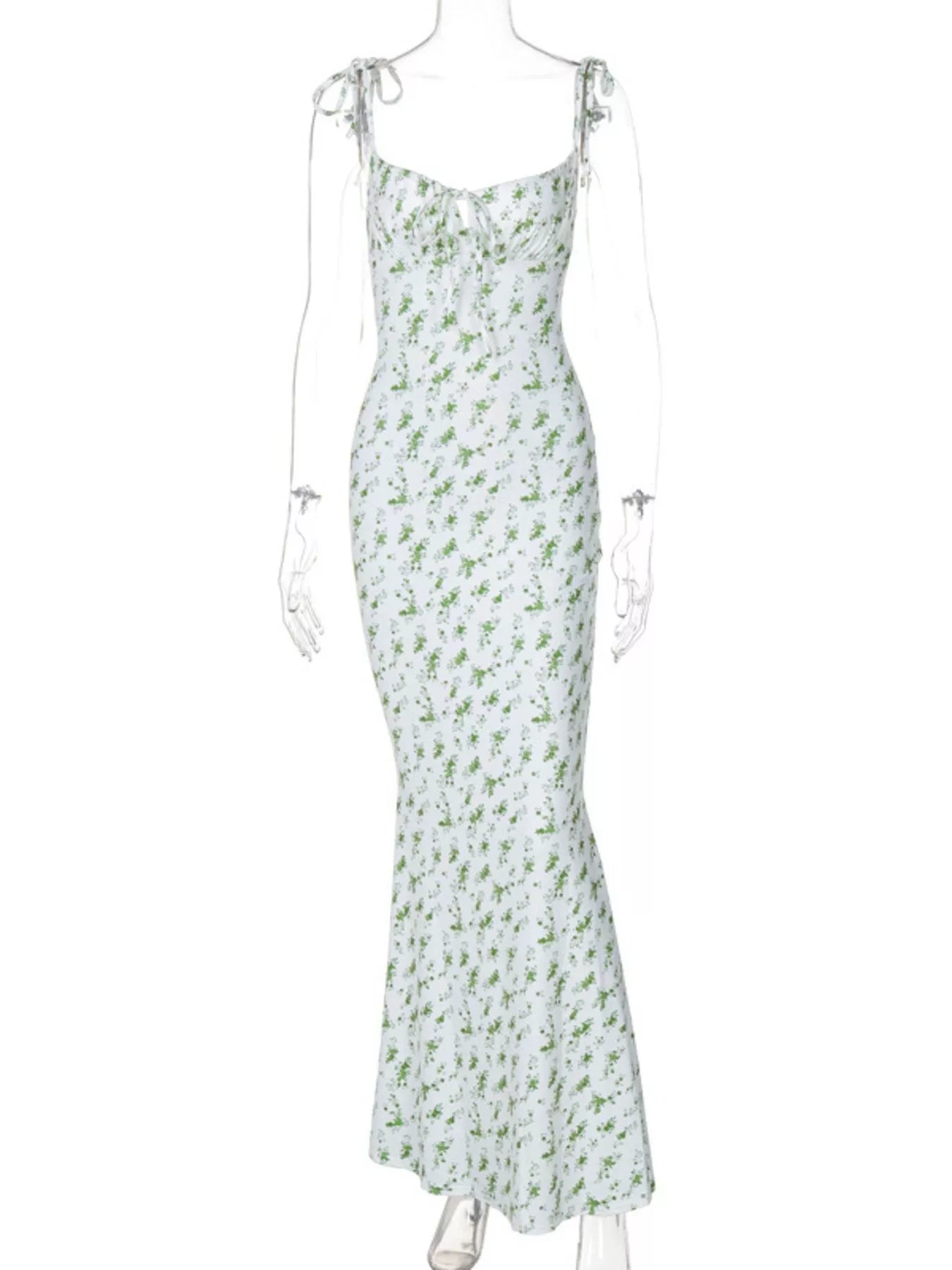 Floral Print Tie Strap Bodycon Maxi Dress
