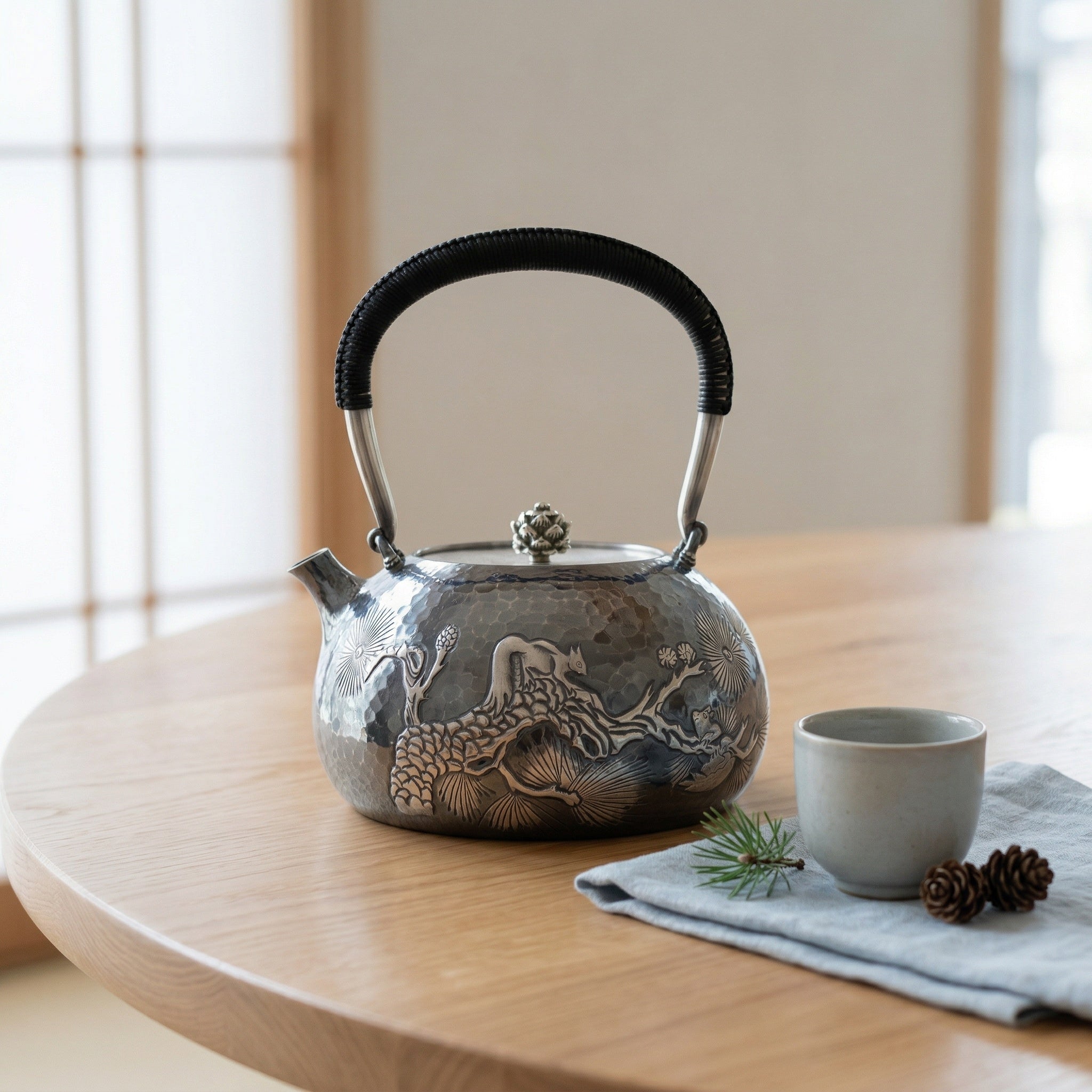 925 Sterling Silver Elegant Handcrafted Teapot with Nature-Inspired Squirrel and Pine Cone Design-Fine large teapot - Handicraft