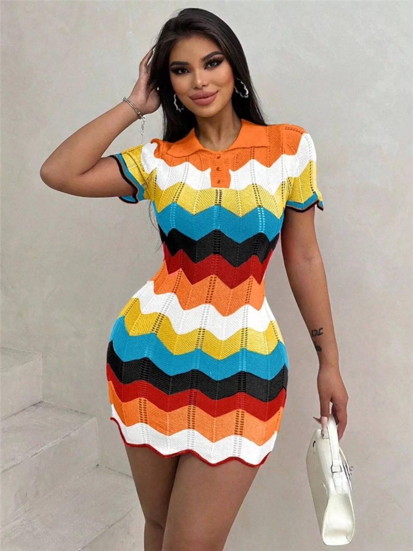 Chevron Knit Short Sleeve Sweater Dress
