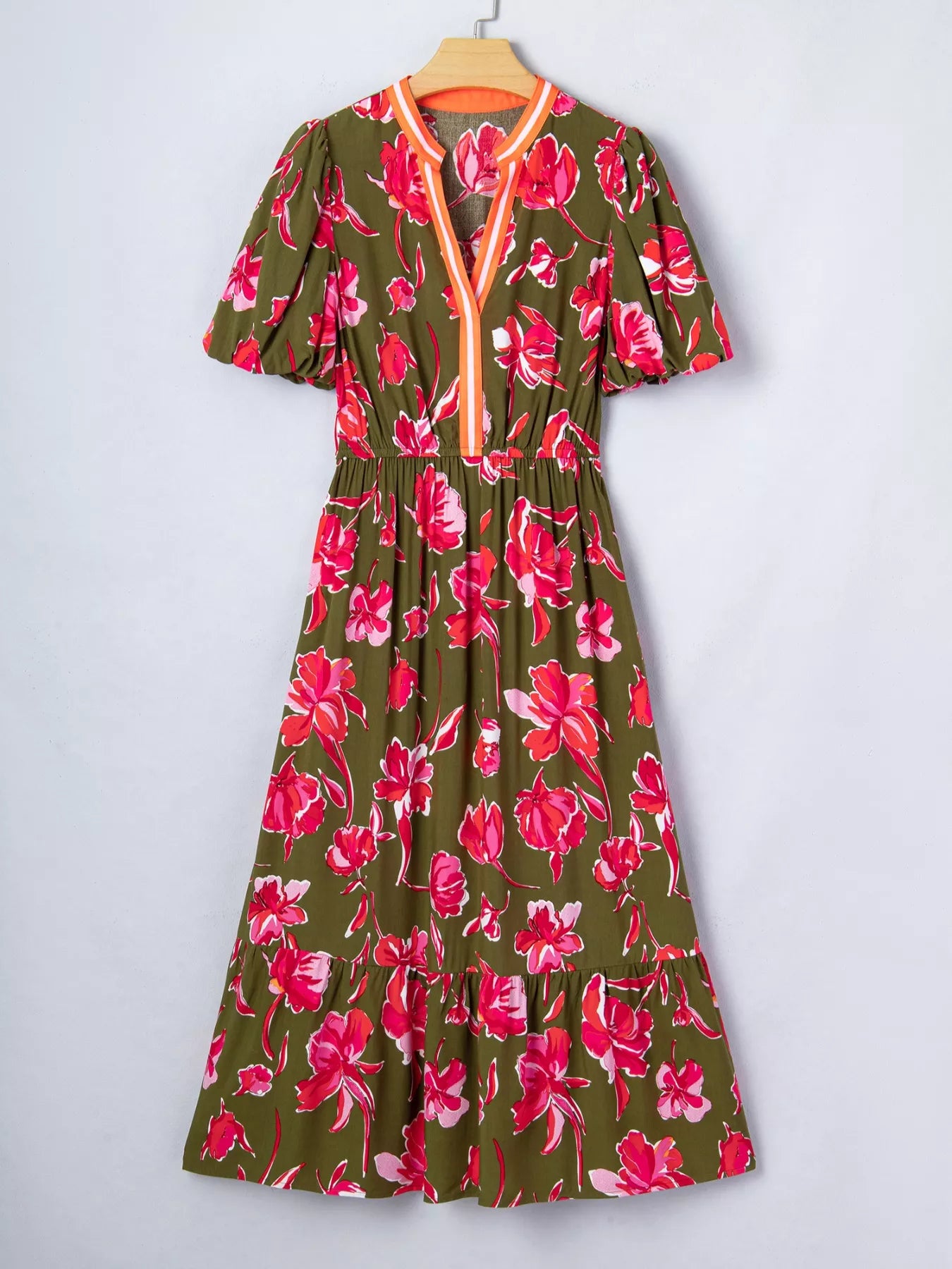 Floral Print Split Neck Short Puff Sleeve Ruffle Hem Dress