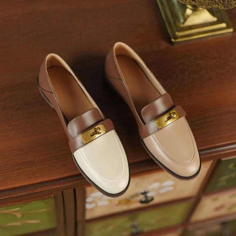 Blapunka Women Genuine Leather Loafers Designer Metal Lock Mix-color Slip-on Flat Shoe Ladies Spring Autumn Casual Comfort Flats