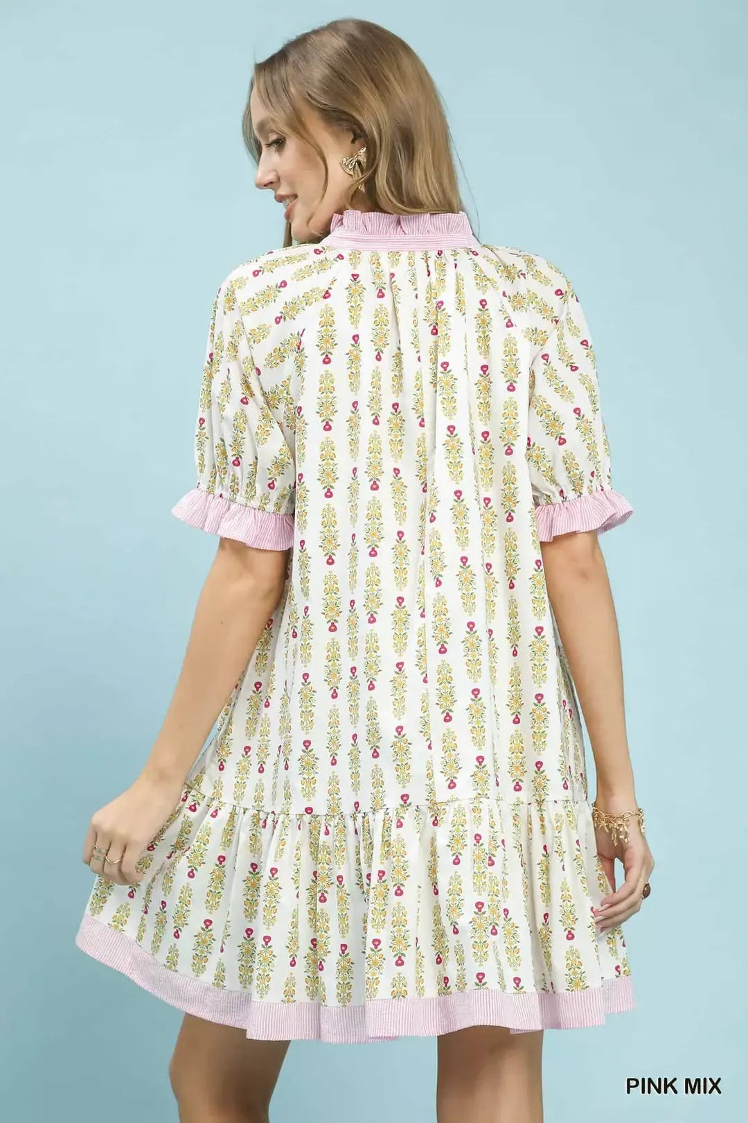 Umgee Striped Trim Floral Tiered Mini Dress