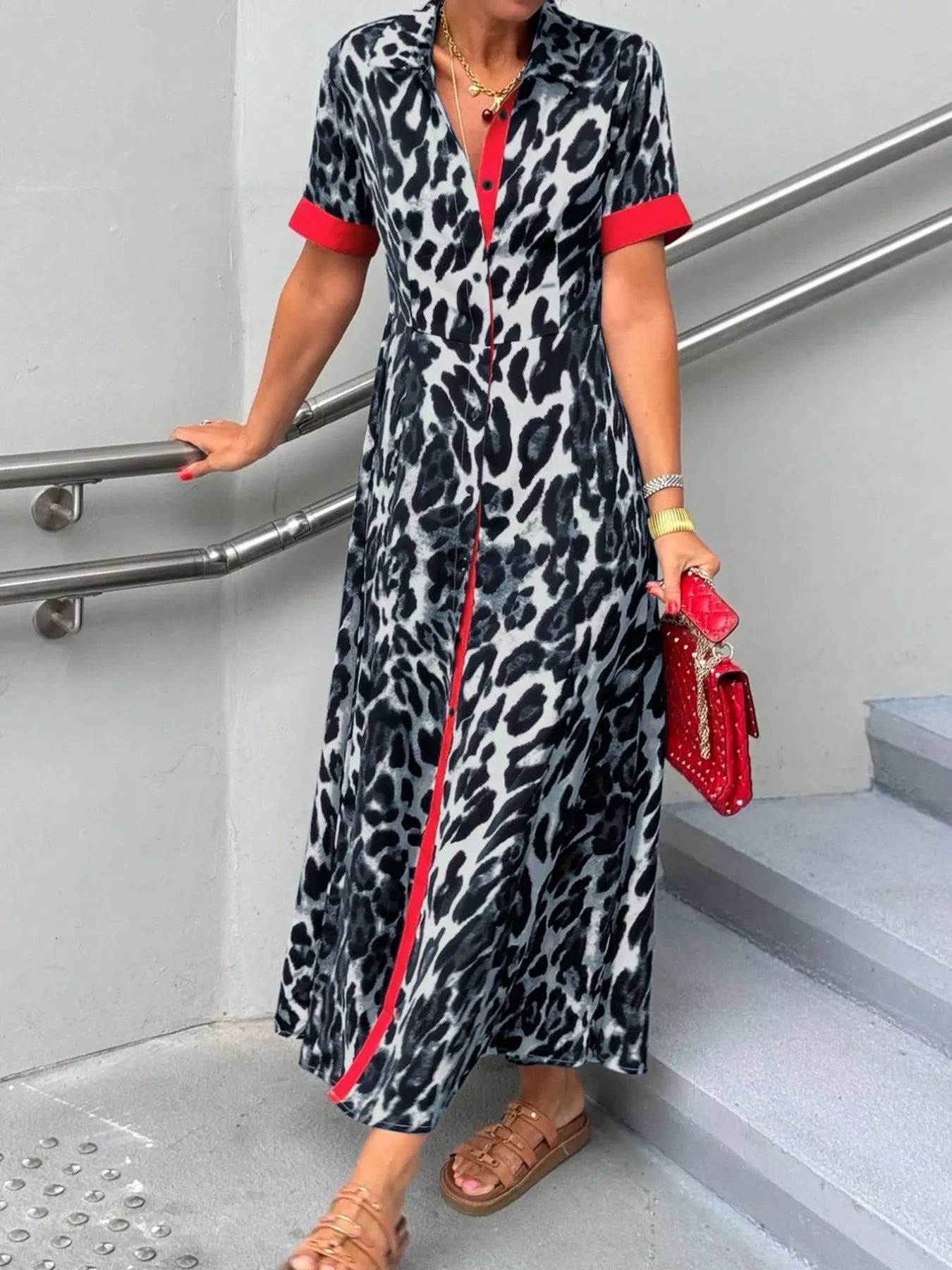 Leopard Print Button-Down Dress with Contrast Trim