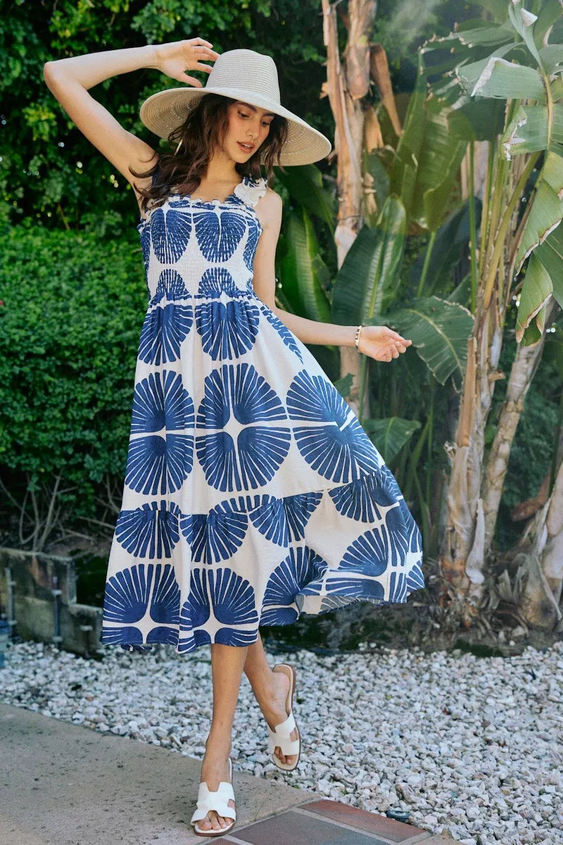 SO ME Abstract Print Smocked Bodice Tiered Lined Midi Dress