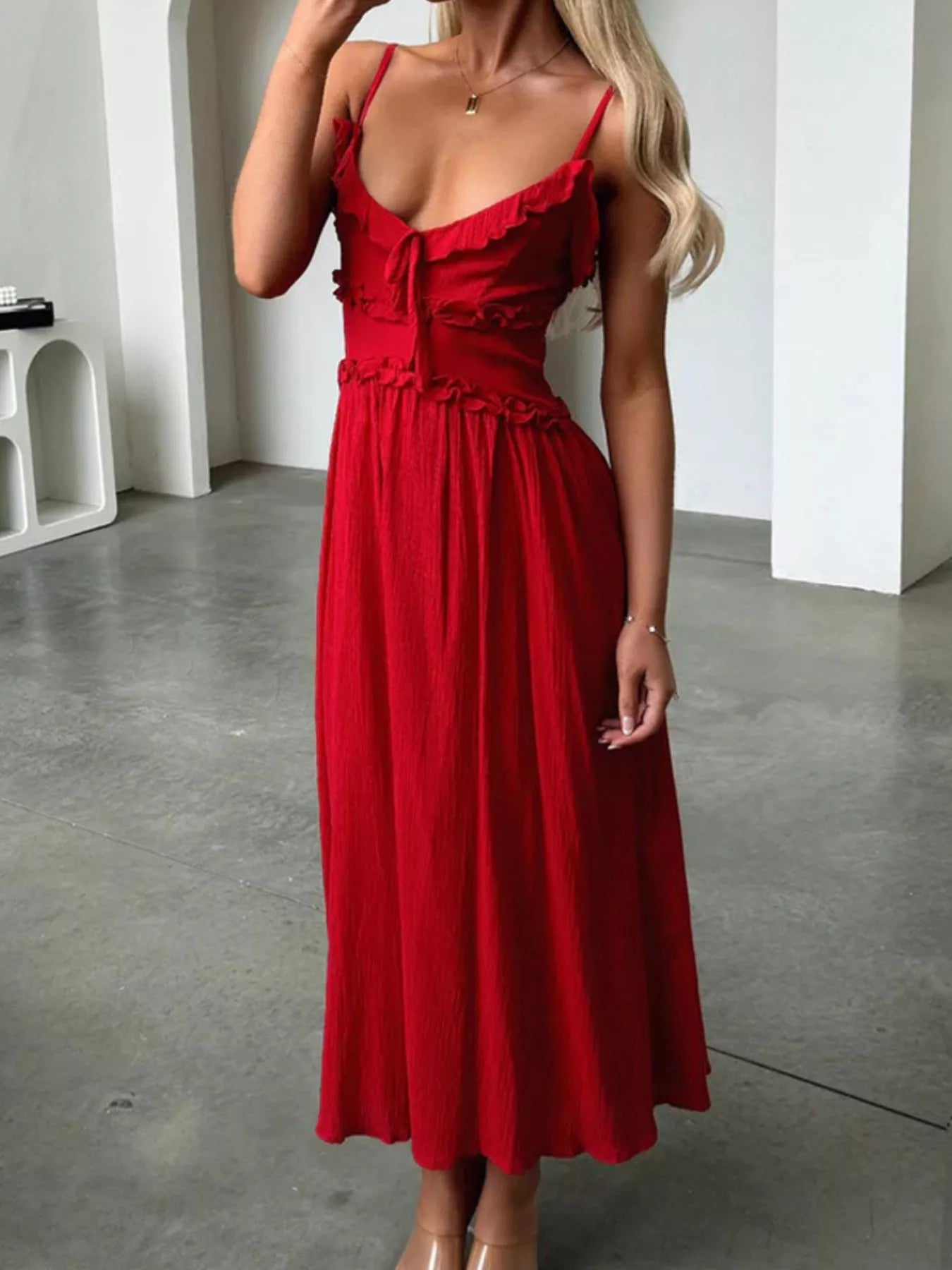 Ruffled Trimmed Spaghetti Strap Midi Dress