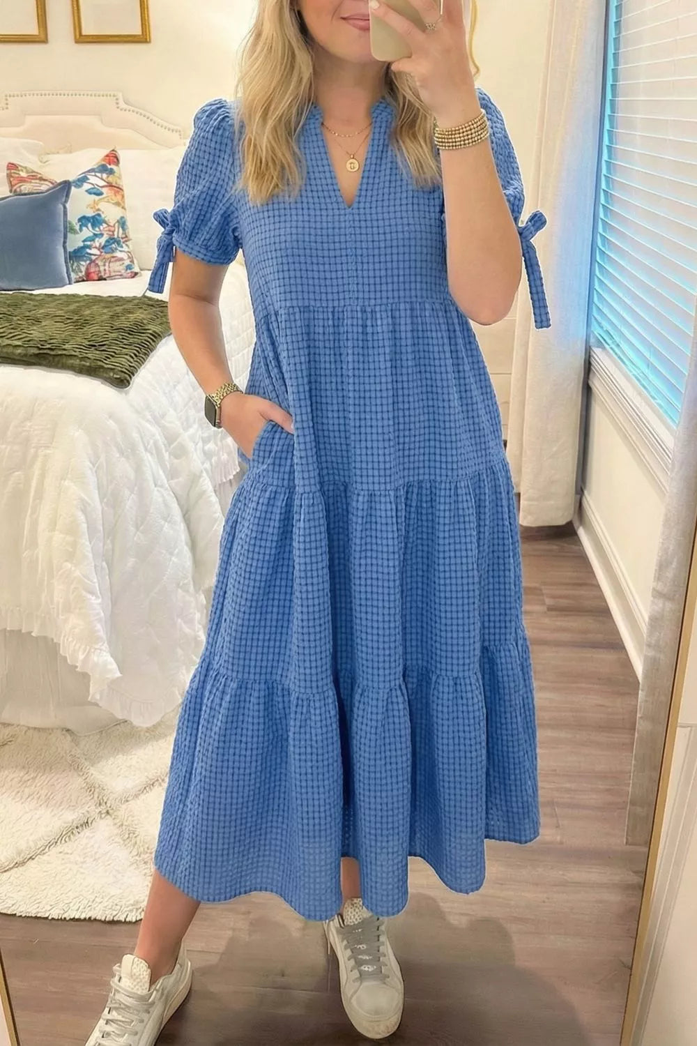 Notched Short Sleeve Tiered Midi Dress