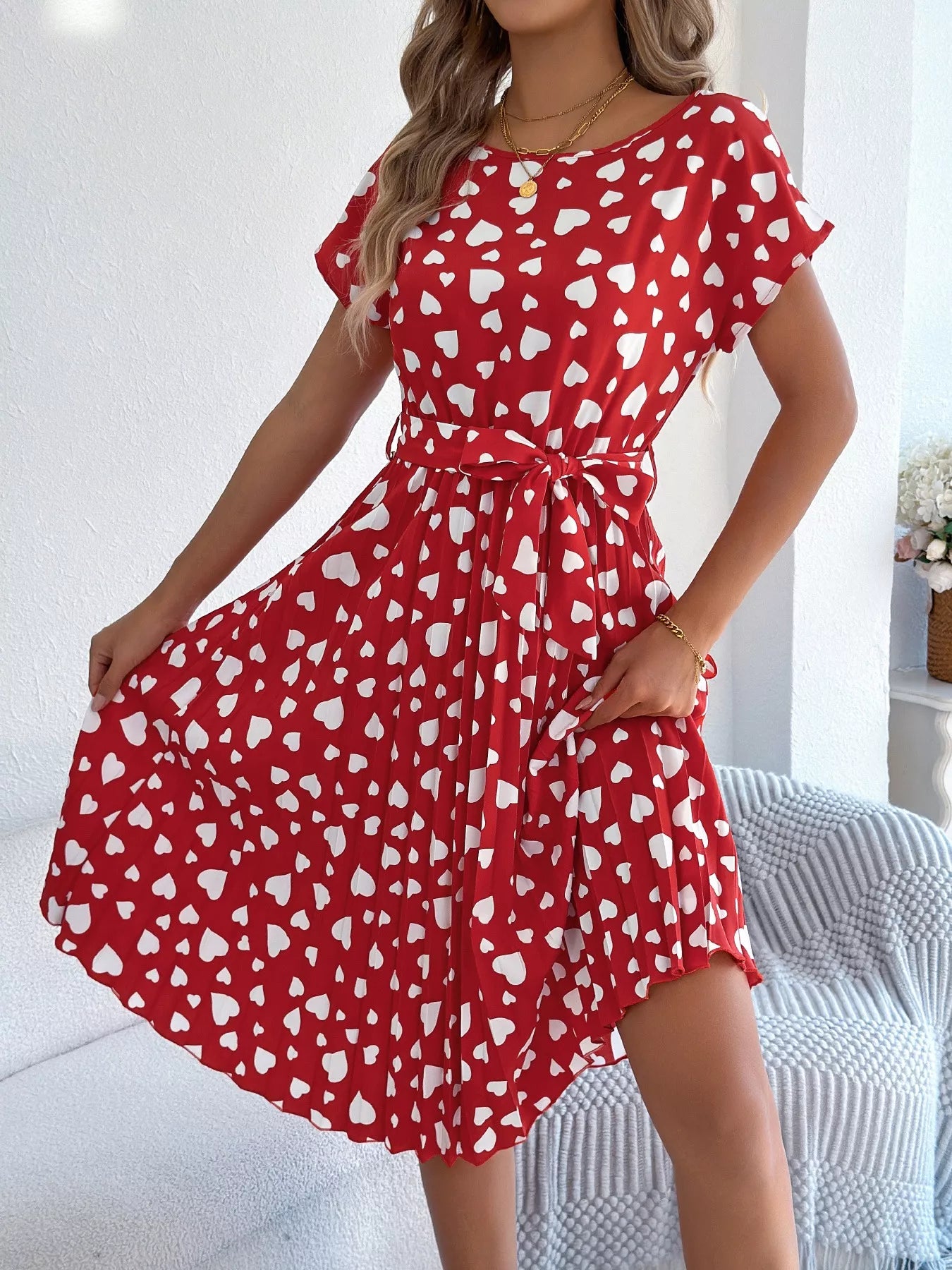 Heart Print Belted Pleated Midi Dress