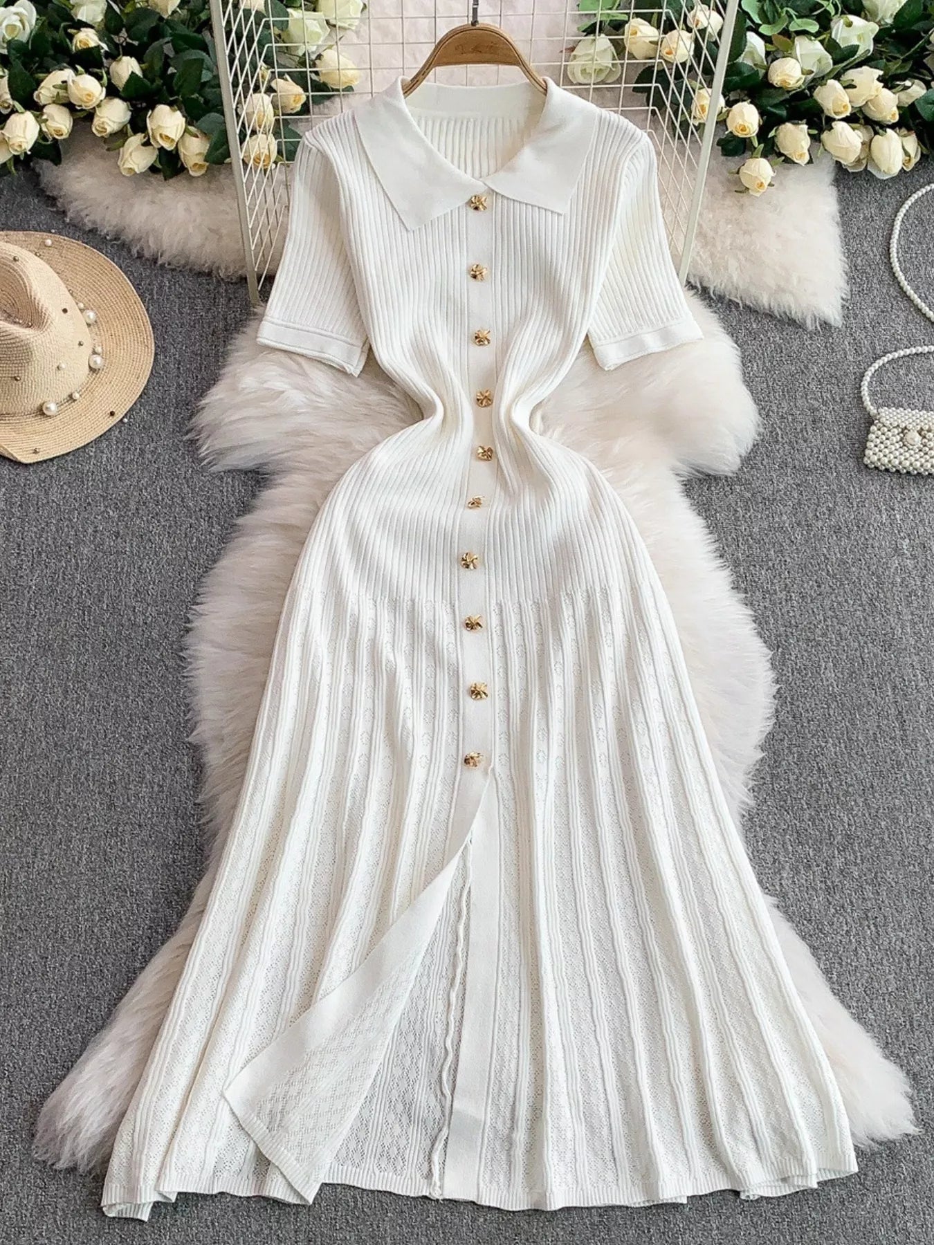 Button Front Ribbed Knit Midi Dress
