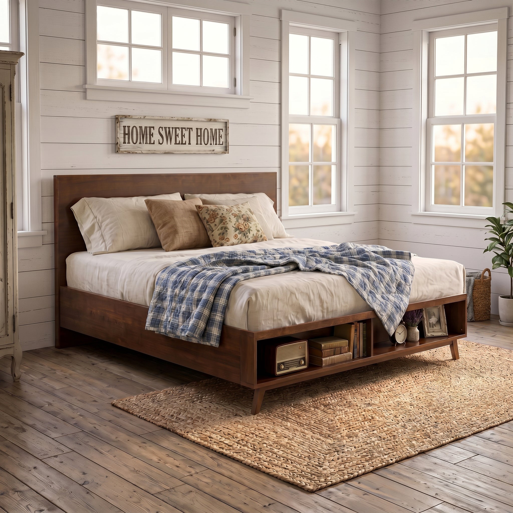 Walnut King Size Platform Bed Frame with Footboard Storage