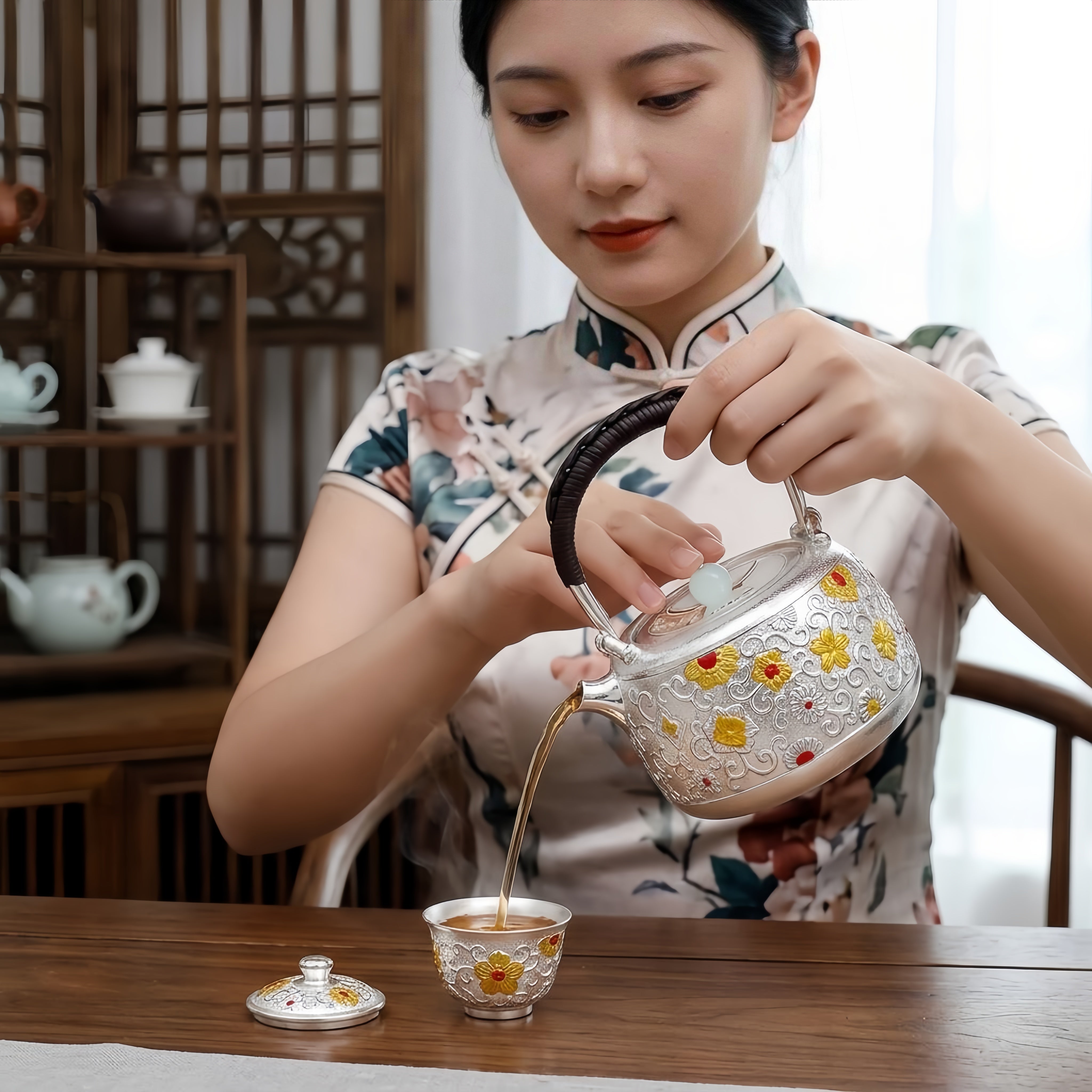 Pure 999 Fine Silver Ornate Handcrafted Silver Teapot Featuring Intricate Floral Relief and Woven Handle - Handicraft
