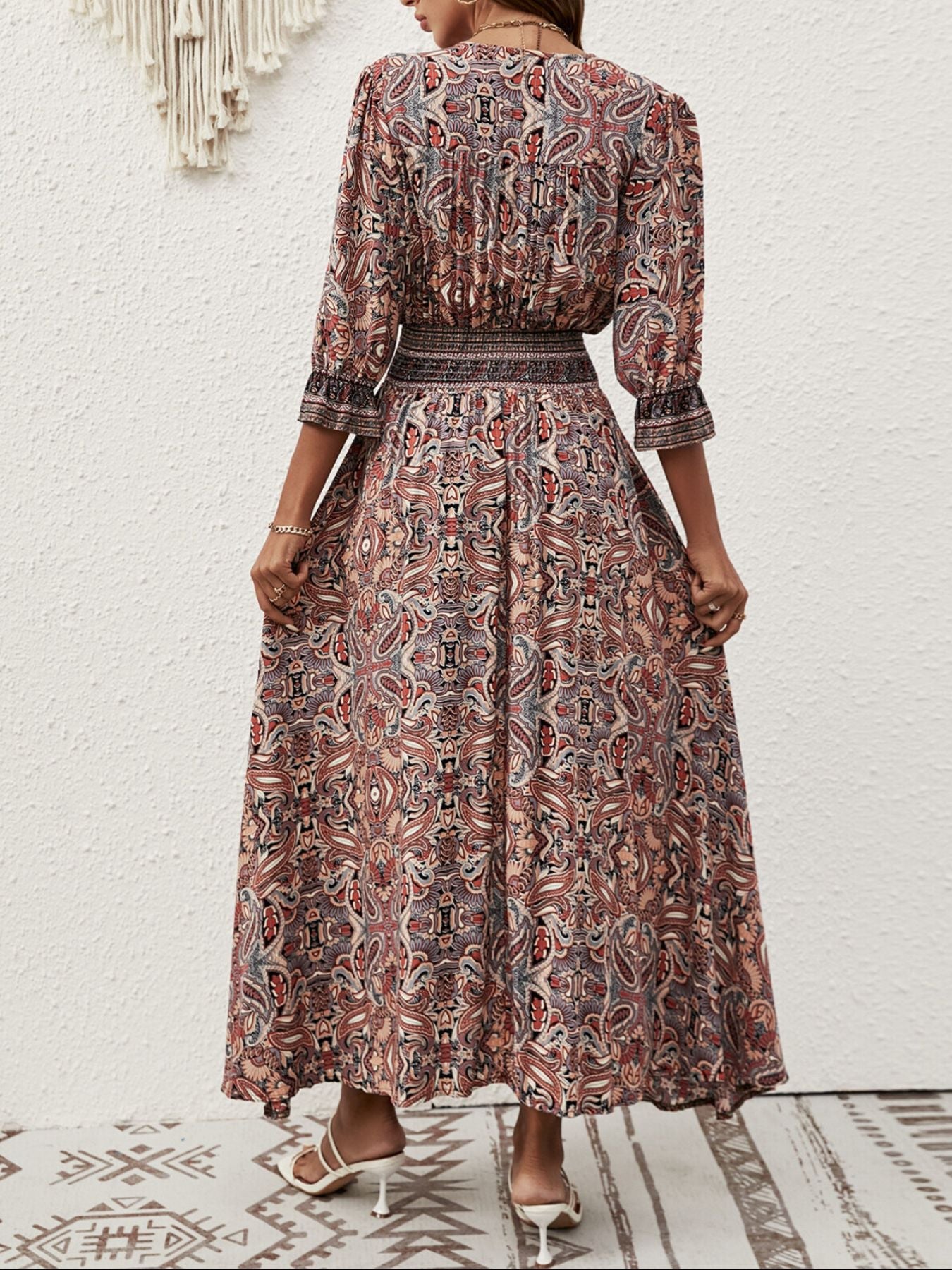 Paisley Print Half Sleeve Slit Midi Dress