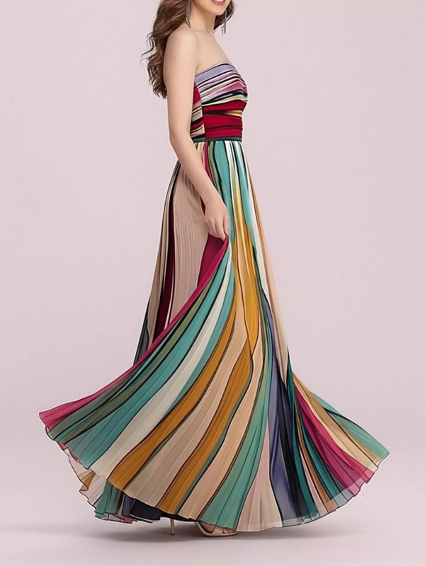 Striped Pleated Tube Maxi Dress