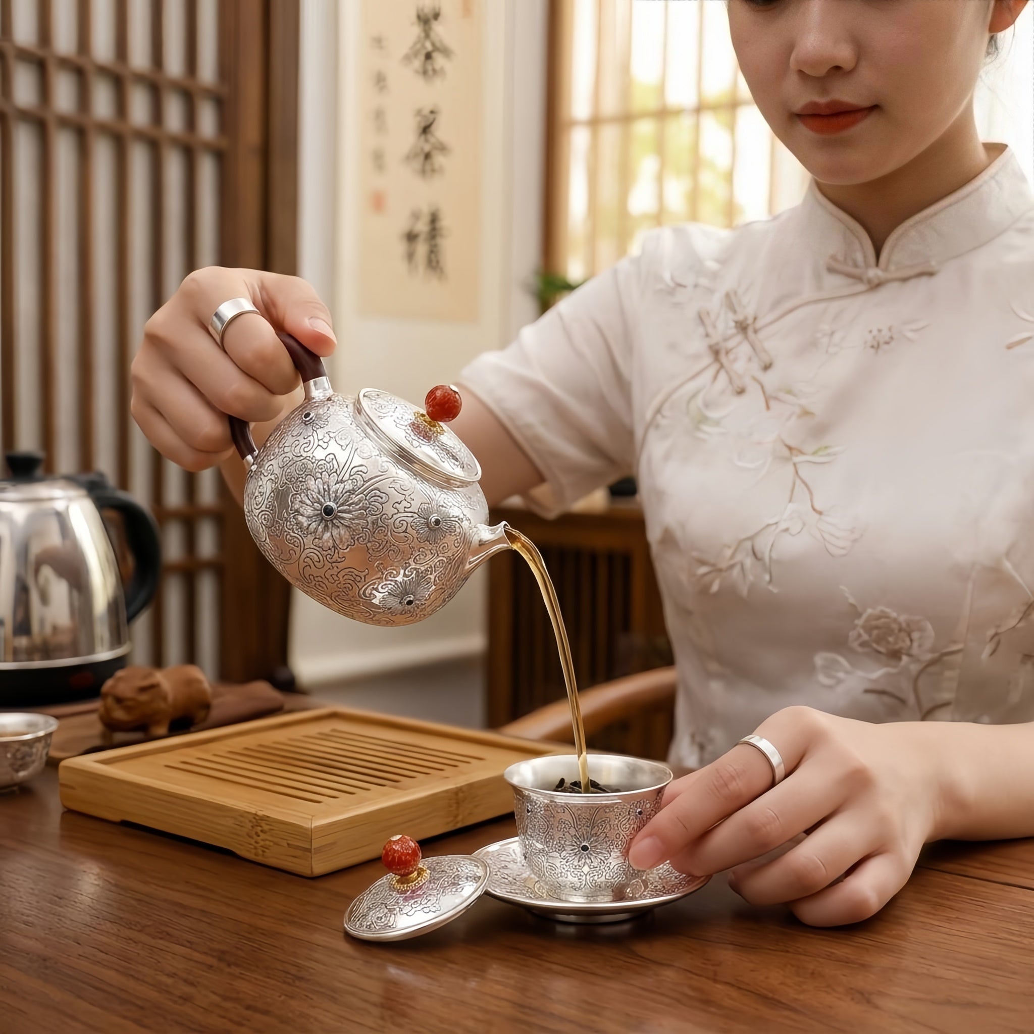 925 Sterling Silver Ornate Hand-Engraved Silver Teapot with Gemstone Accents and Wooden Handle - Handicraft