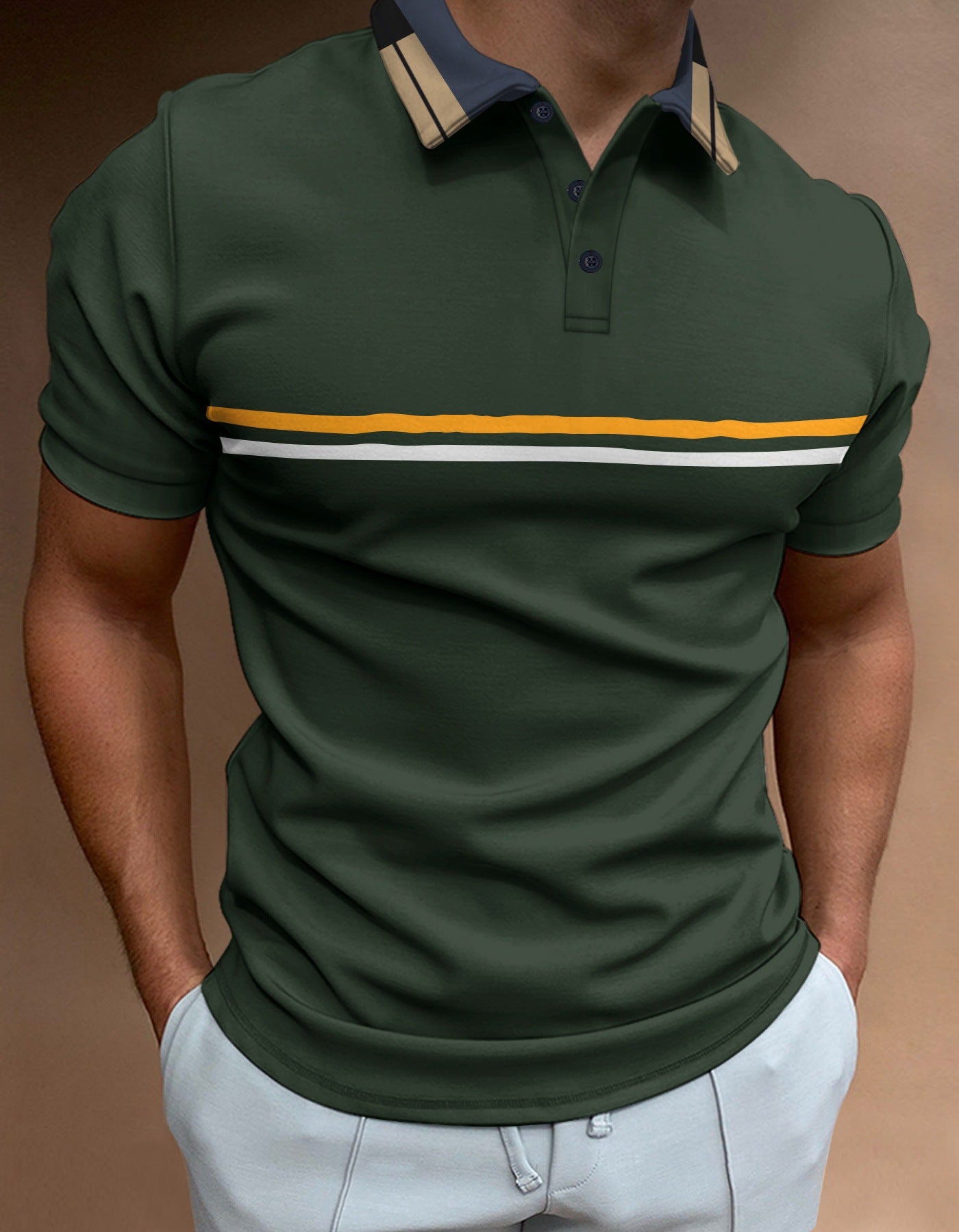 Polo shirt button up striped men's sports polo shirt with threaded collar top