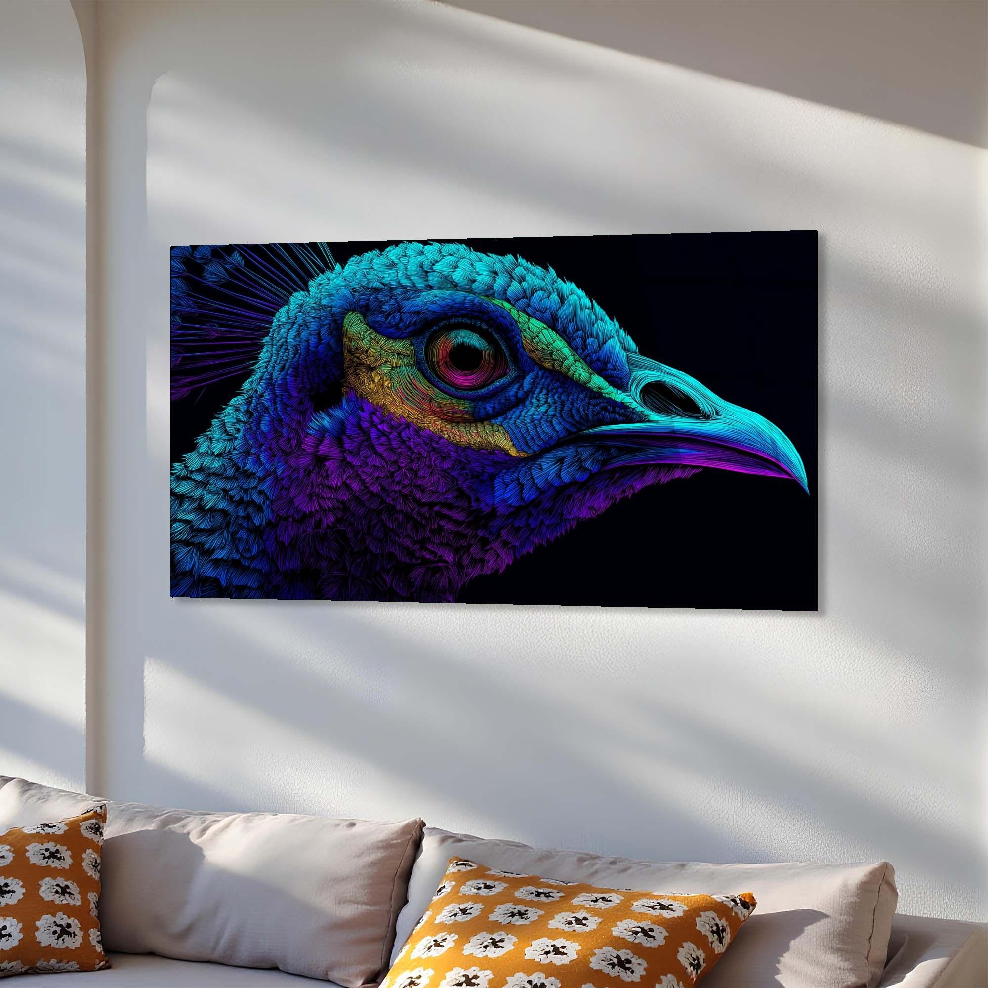 Neon Peacock Portrait Tempered Glass Wall Art | Custom Large Glass Wall Decor for Living Room