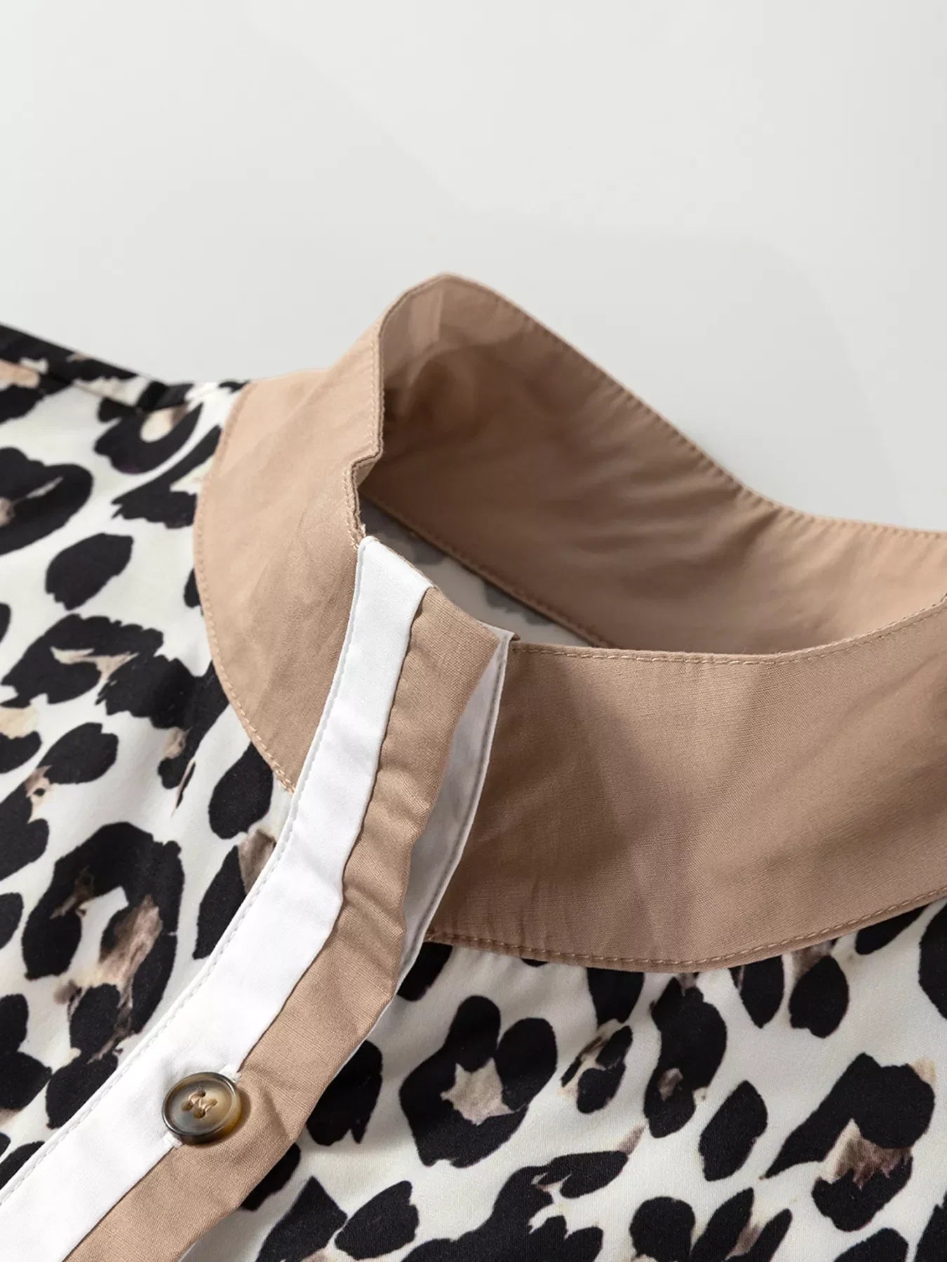 Striped Collar Leopard Print Long Sleeve Flared Dress