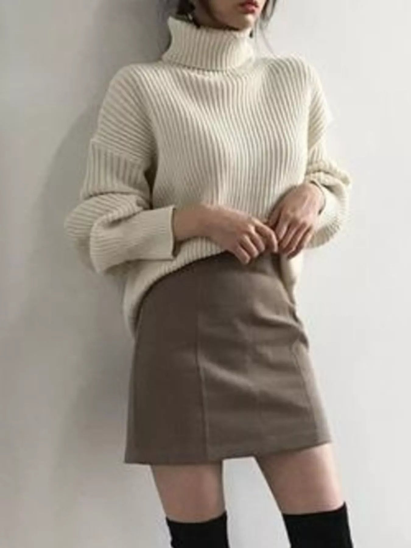 Oversized Turtleneck Ribbed Knit Sweater