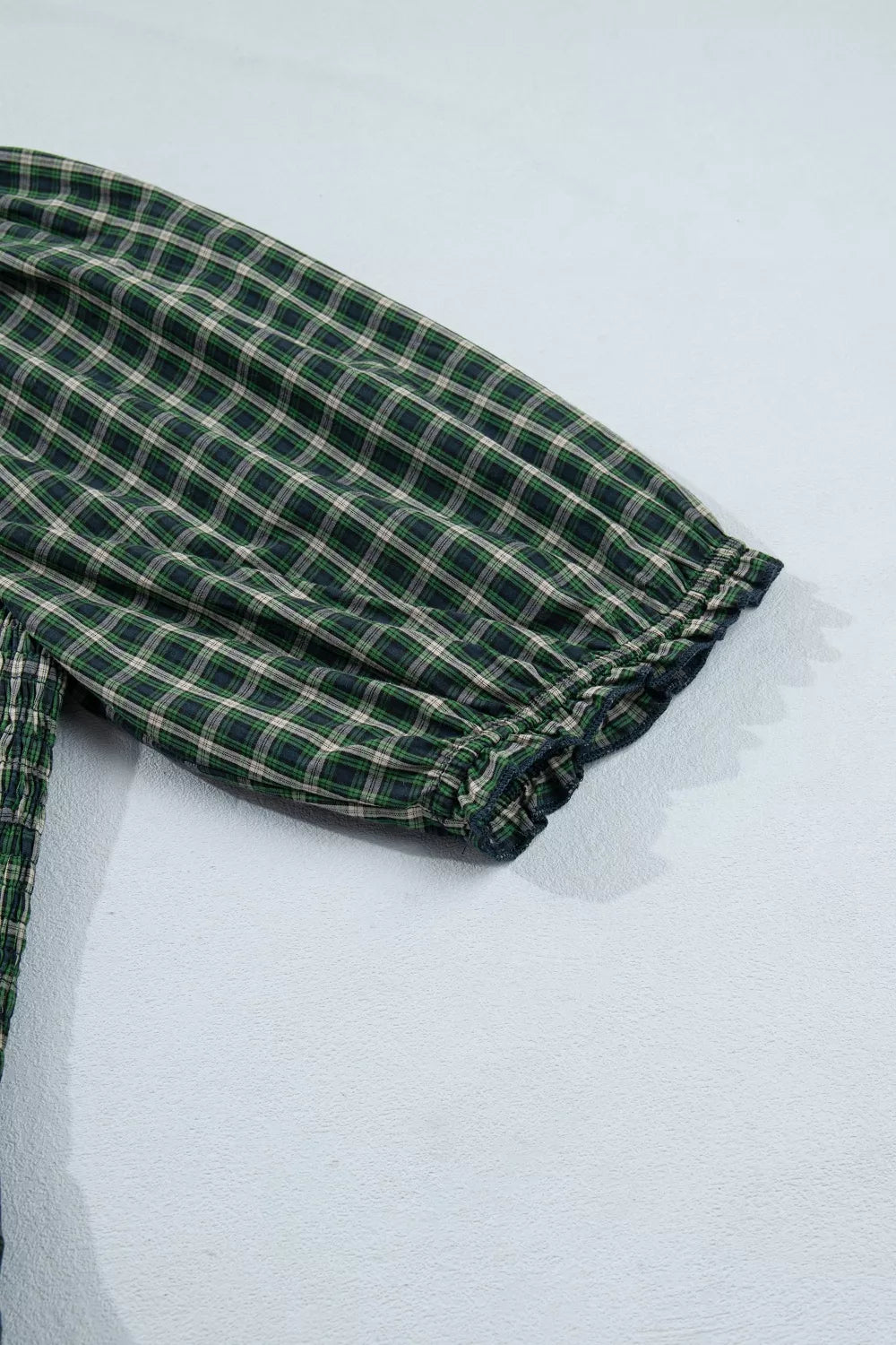 Plaid Square Neck Shirred High Waist Ruffle Hem Maxi Dress