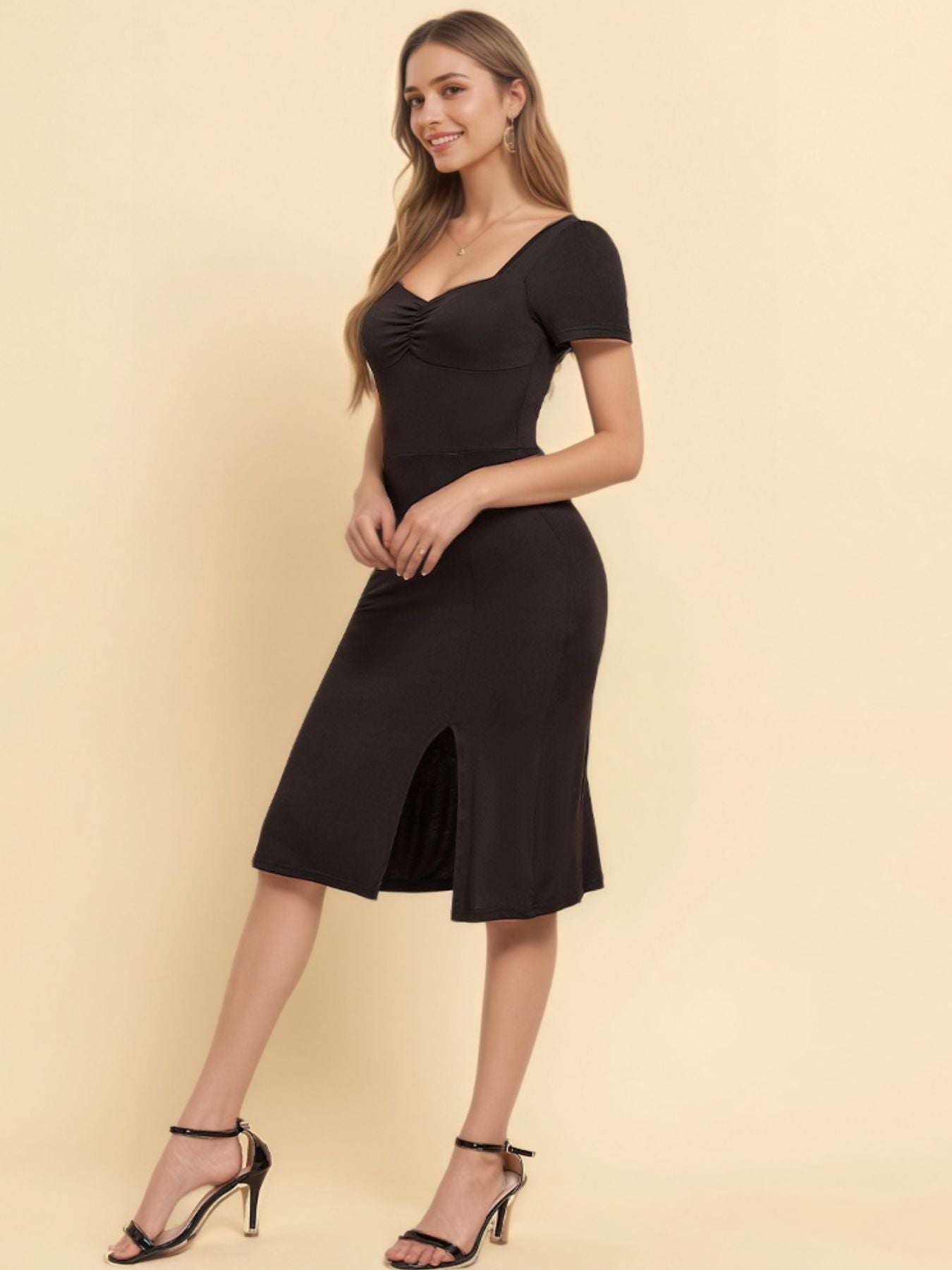 Sweetheart Neck Short Sleeve Slit Dress