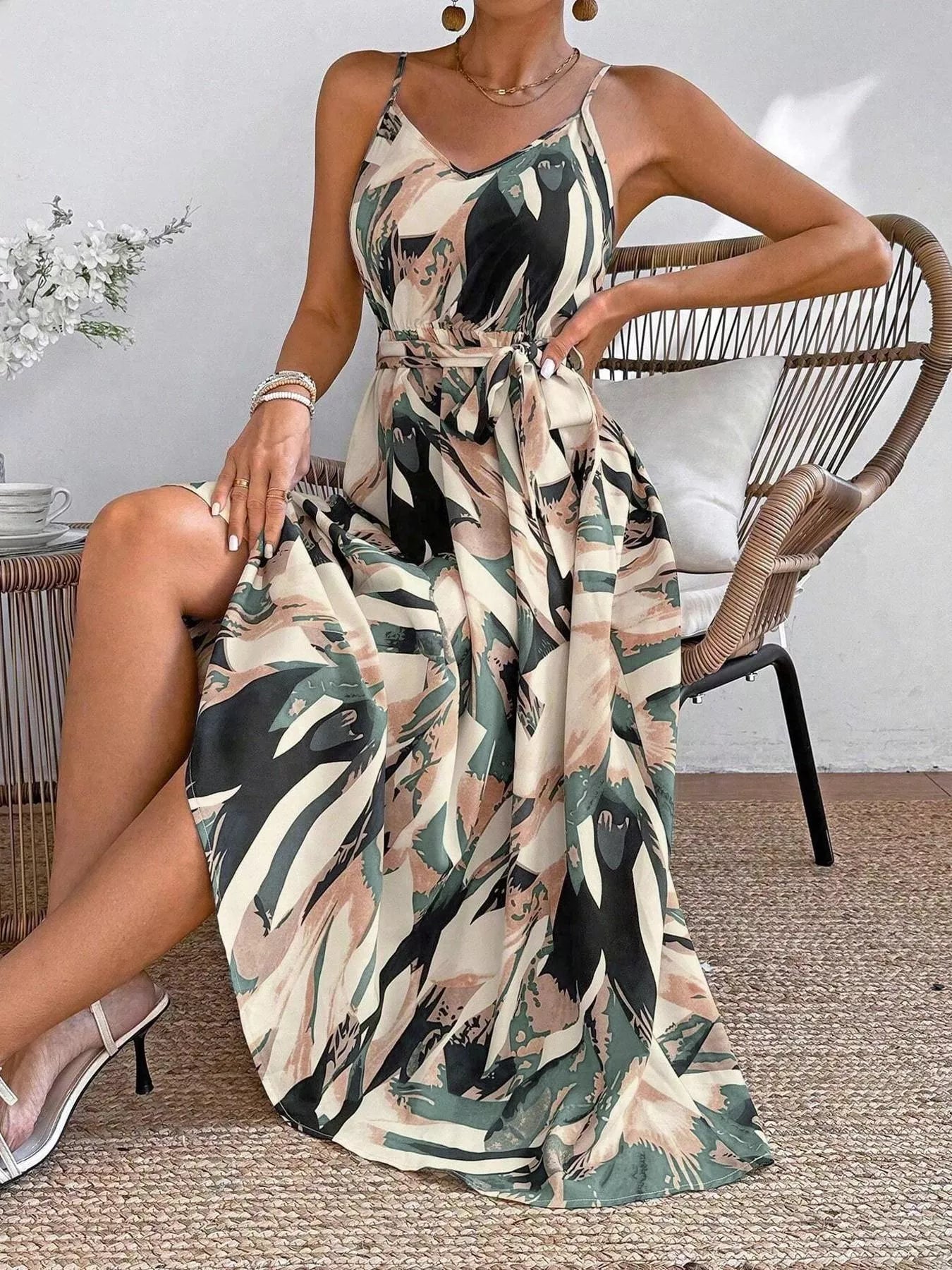 Abstract Print Tie Waist Cami Dress