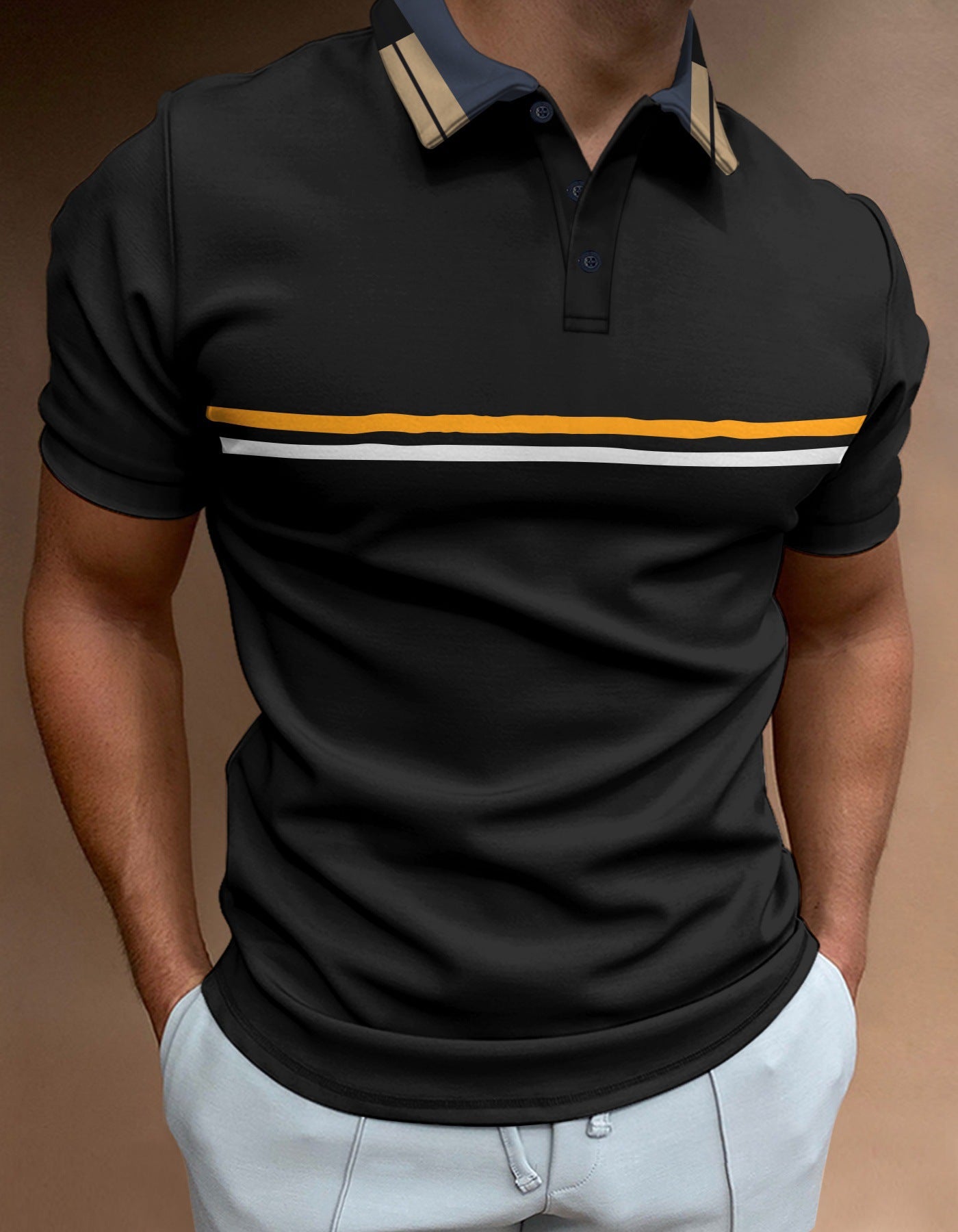Polo shirt button up striped men's sports polo shirt with threaded collar top