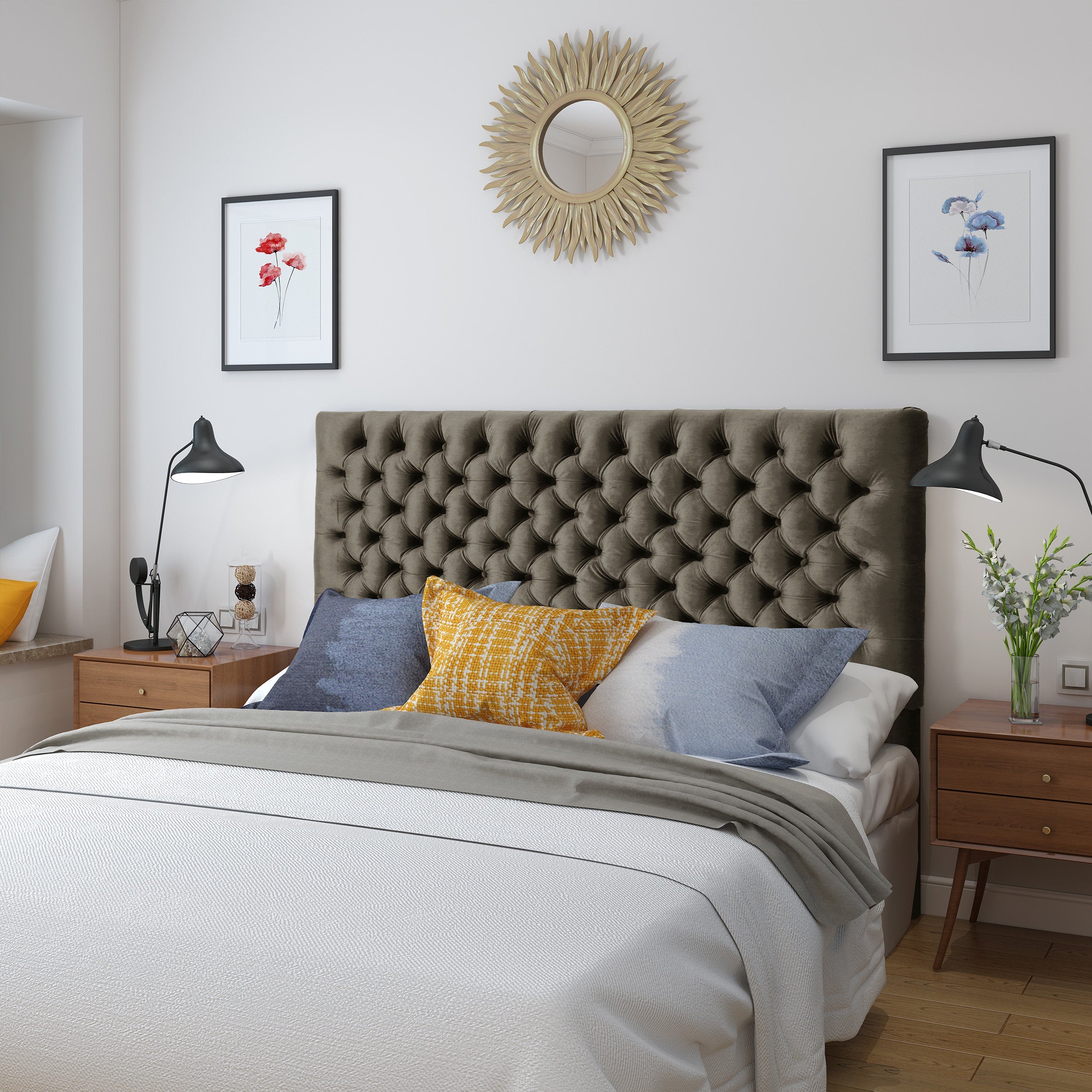 Tufted Upholstered Queen Size Bed Headboard