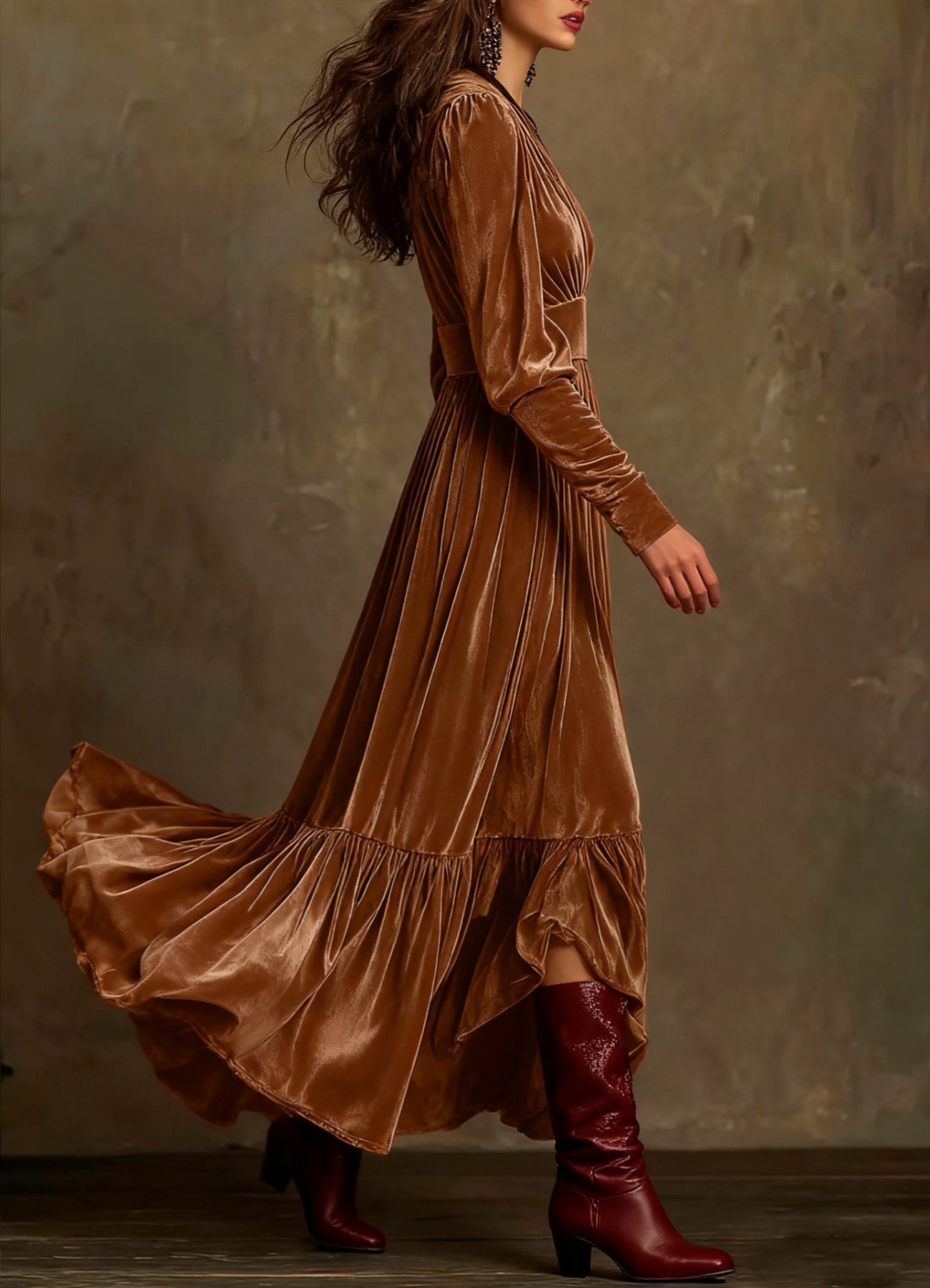 Velvet V-Neck Long Sleeve Ruffled Dress