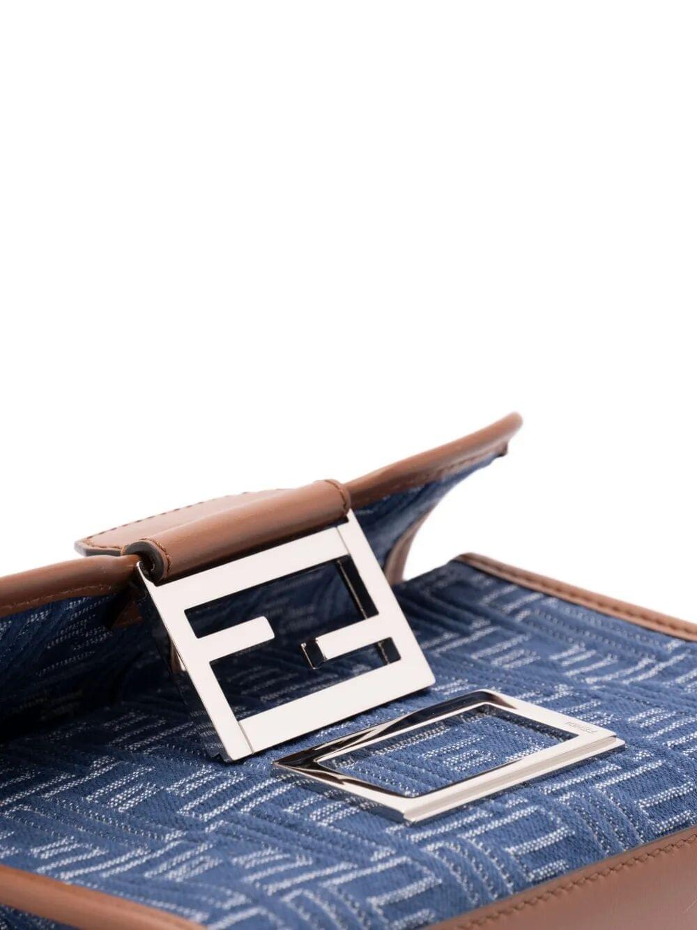 Fendi Men Denim-Effect Ff Jacquard And Leather Double Baguette Bag