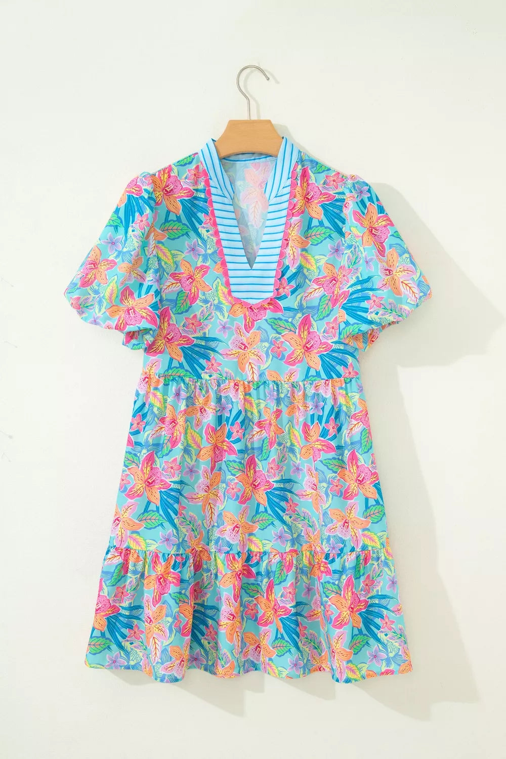 Floral Print Contrast Scallop Striped Trim V Neck Dress