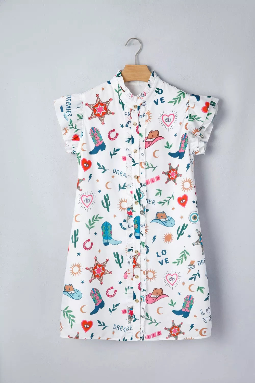 Western Print Flutter Sleeve Button Down Mini Dress