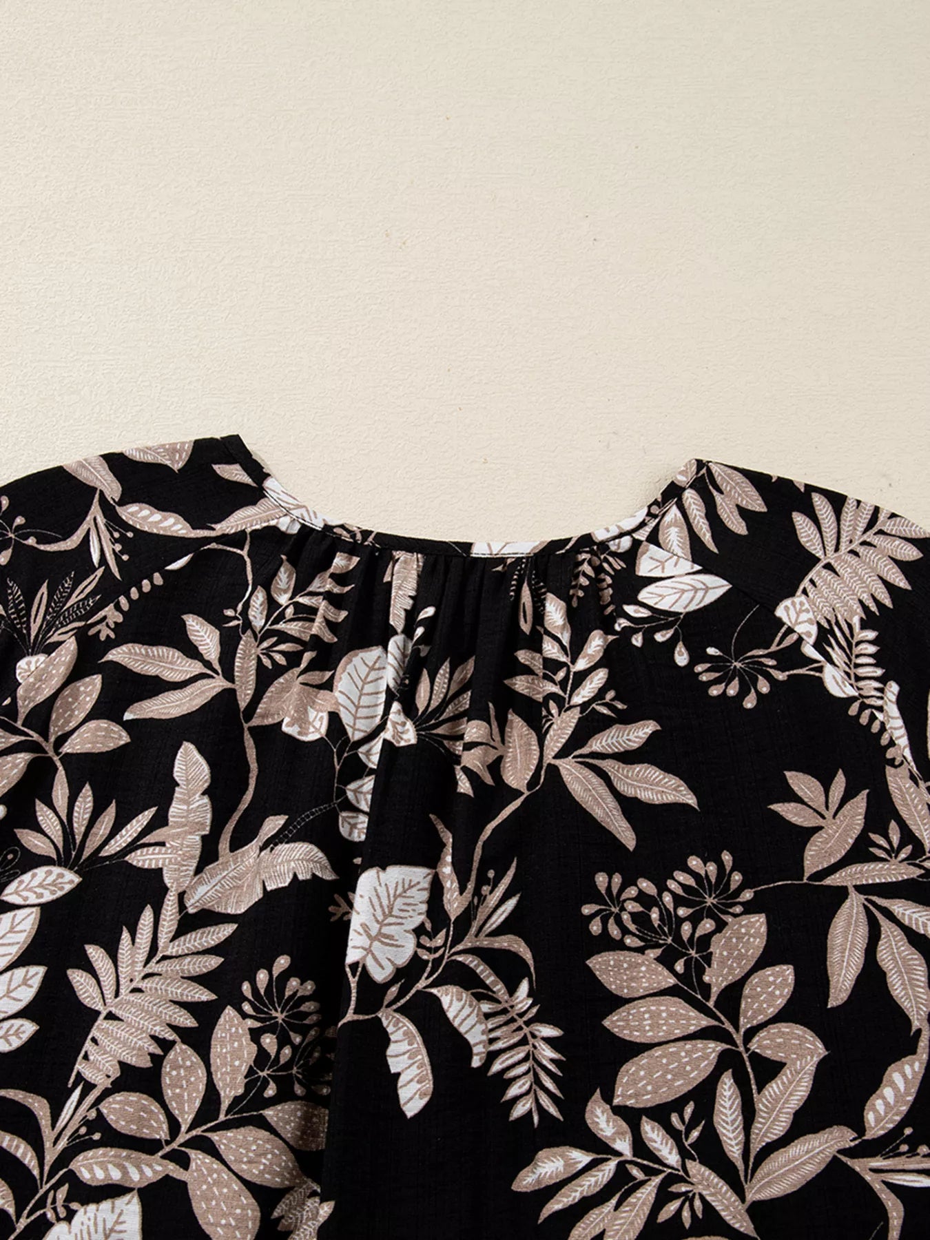 3/4 Sleeve Botanical Print Split Neck Loose Mini Dress