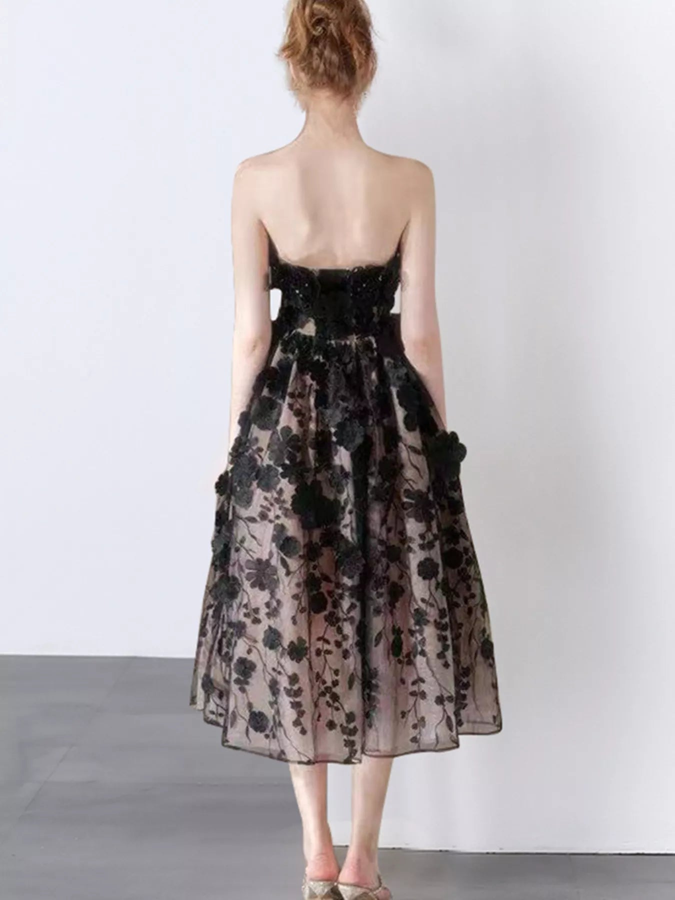 Strapless Floral Applique Midi Dress