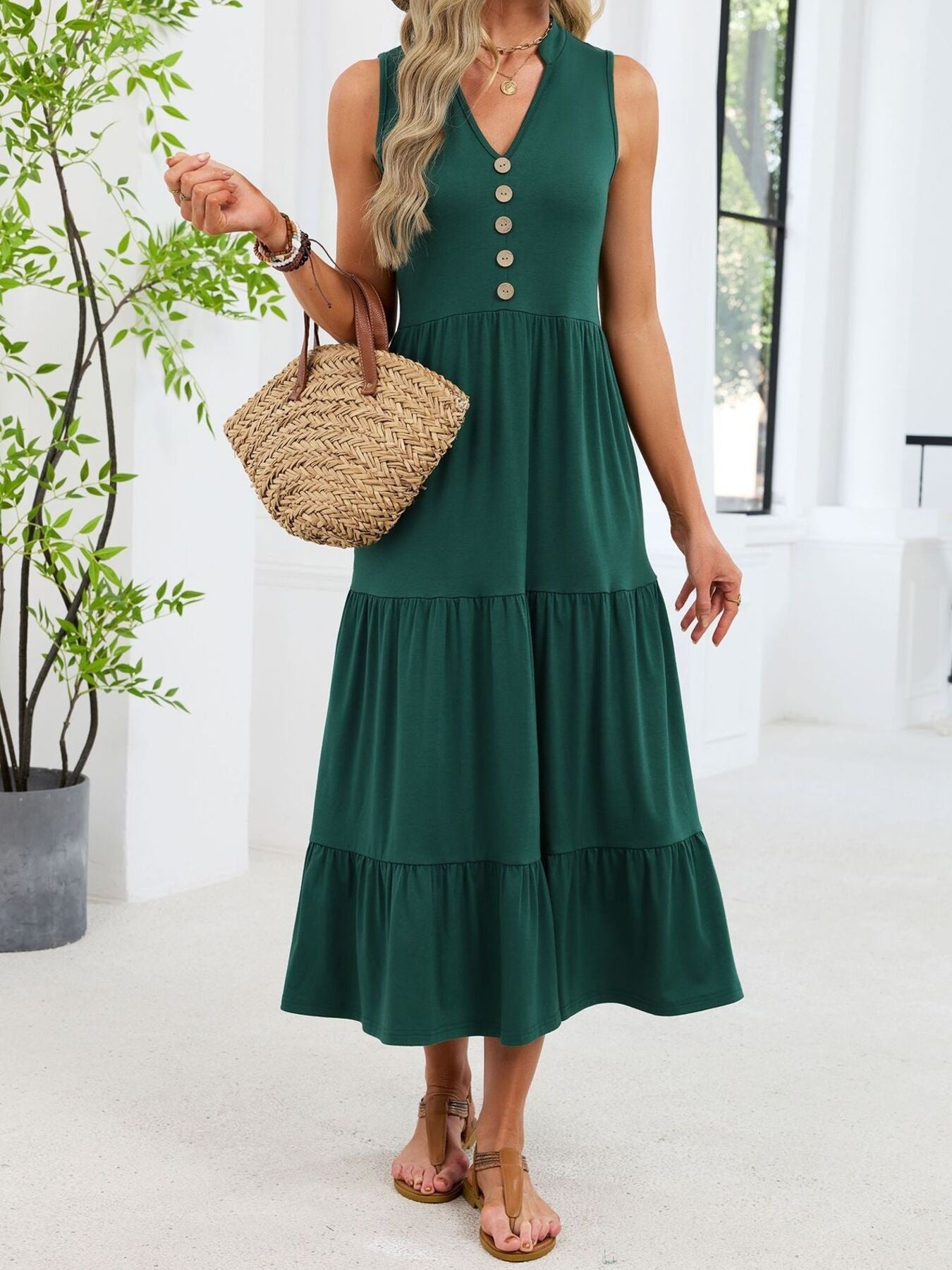 Sleeveless Notched Tiered Midi Dress