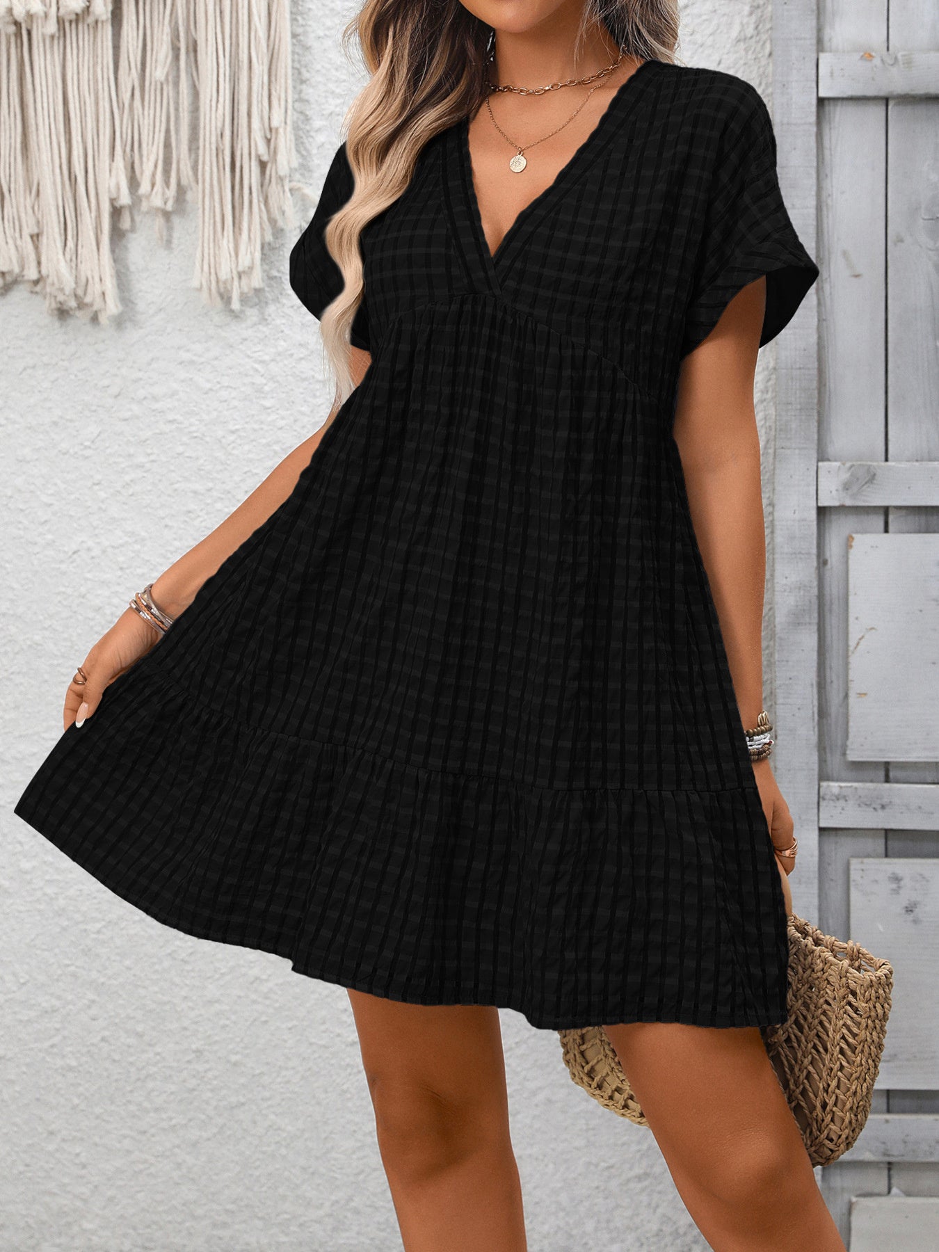 Plaid V-Neck Ruffle Hem Mini Dress