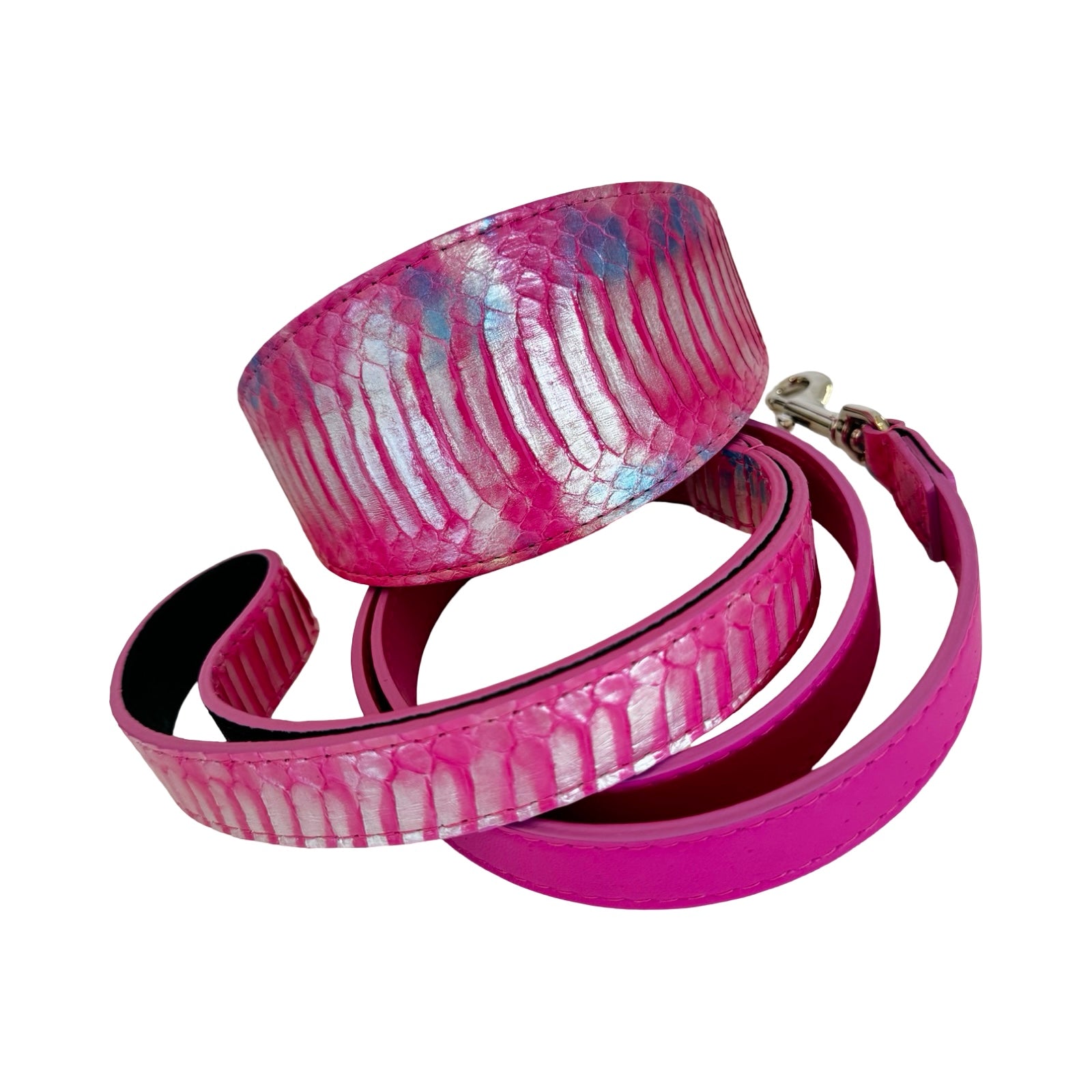 Pavé In Pink Authentic Iridescent Snake 3-Inch Wide Style Statement Collar and Leash Set