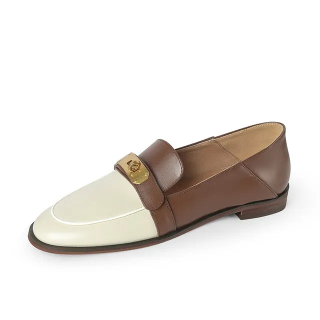 Blapunka Women Genuine Leather Loafers Designer Metal Lock Mix-color Slip-on Flat Shoe Ladies Spring Autumn Casual Comfort Flats