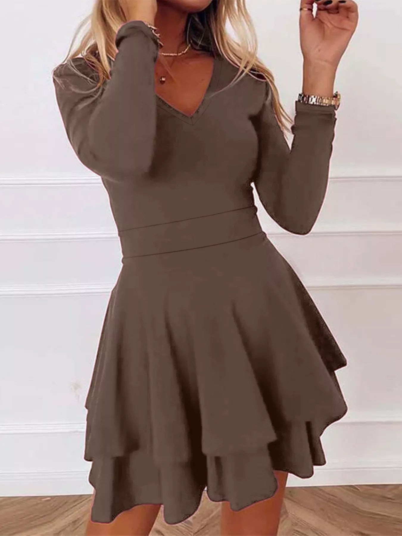 V-Neck Layered Ruffle Mini Dress