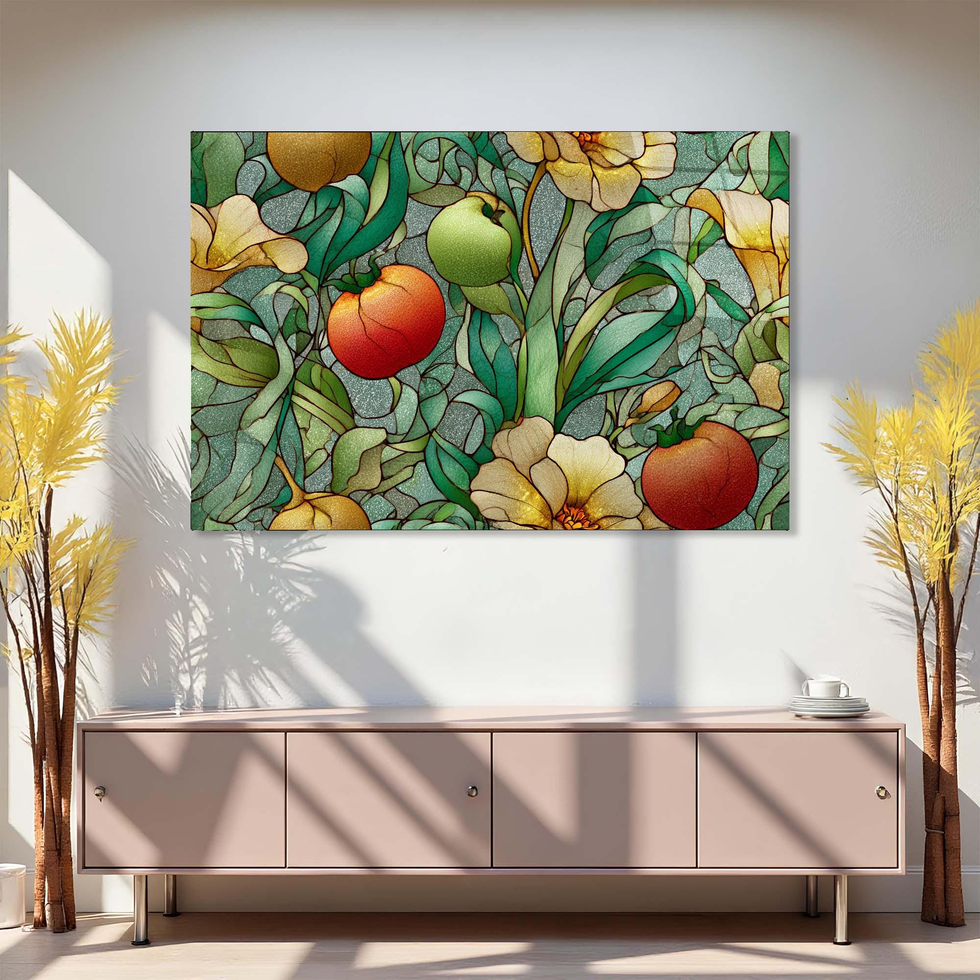 Stained Glass Look Fruits Tempered Glass Wall Art | Botanical Kitchen & Dining Room Glass Wall Décor