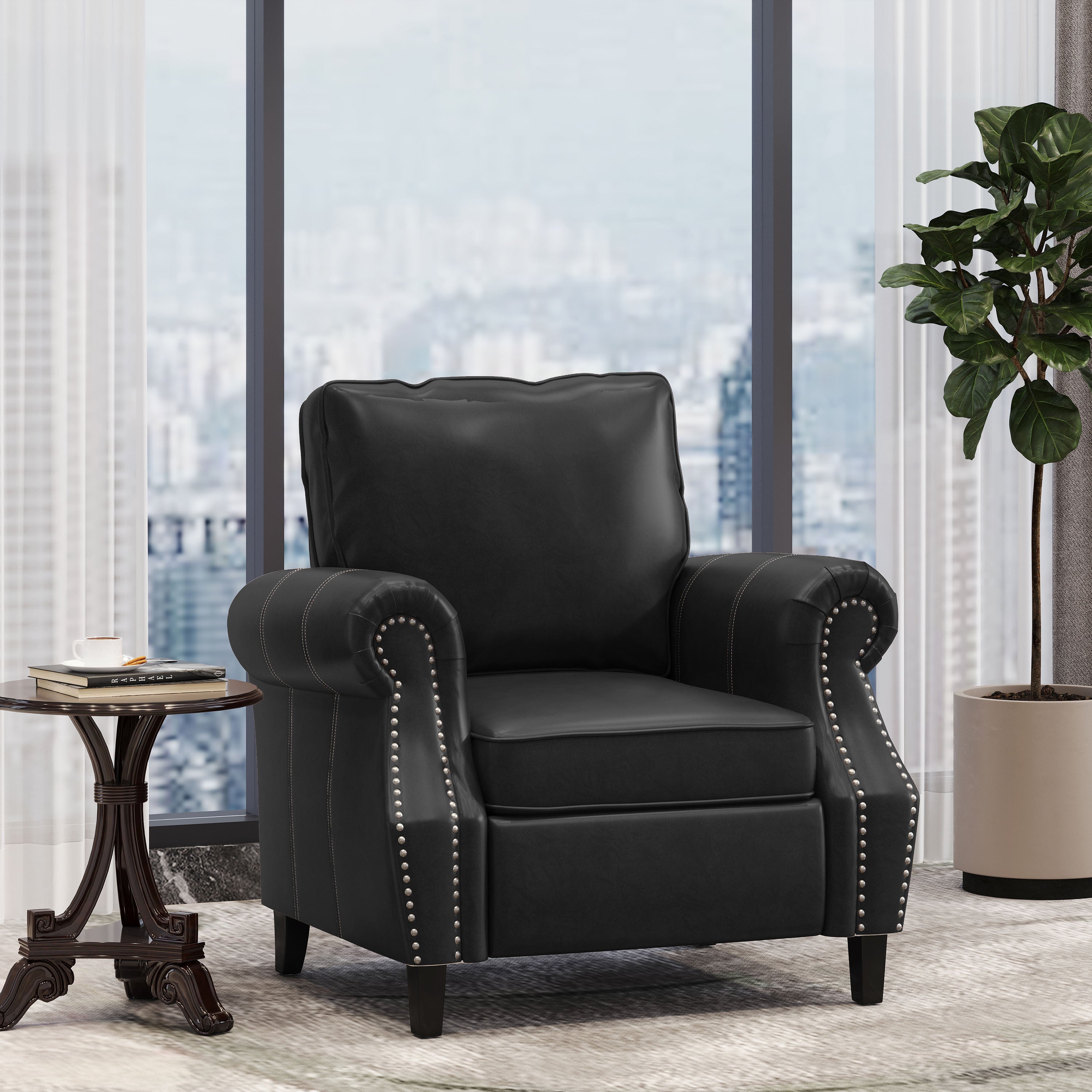 Club Chair Contemporary PU Leather Black Rolled Arms Nailhead Trim 37 In