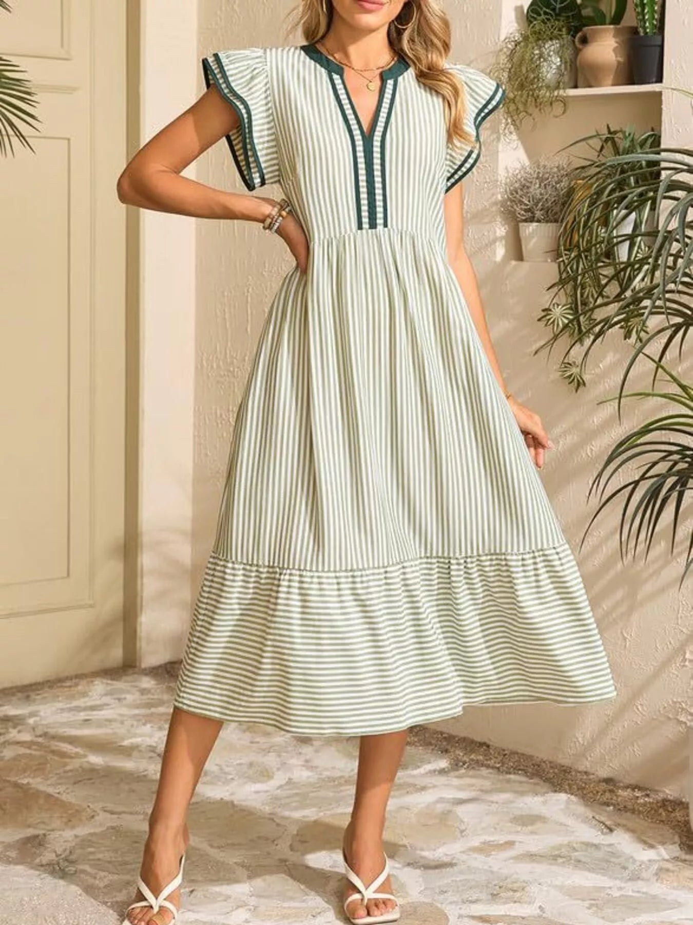 Striped Notched Ruffle Sleeve Dress