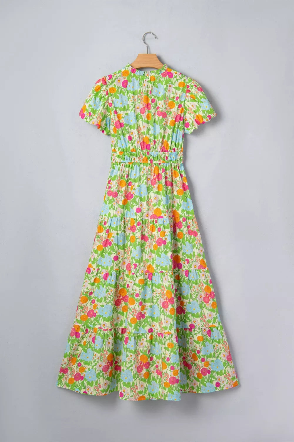 Floral Print V Neck Short Puff Sleeve Cotton Maxi Dress