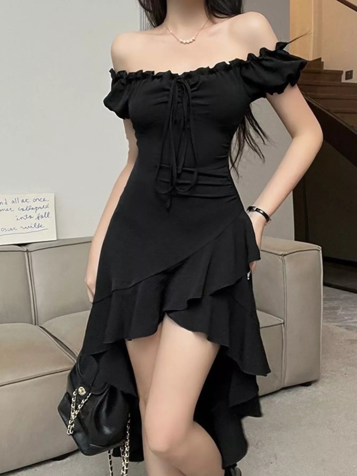 Off-Shoulder Ruffle Hem High-Low Dress
