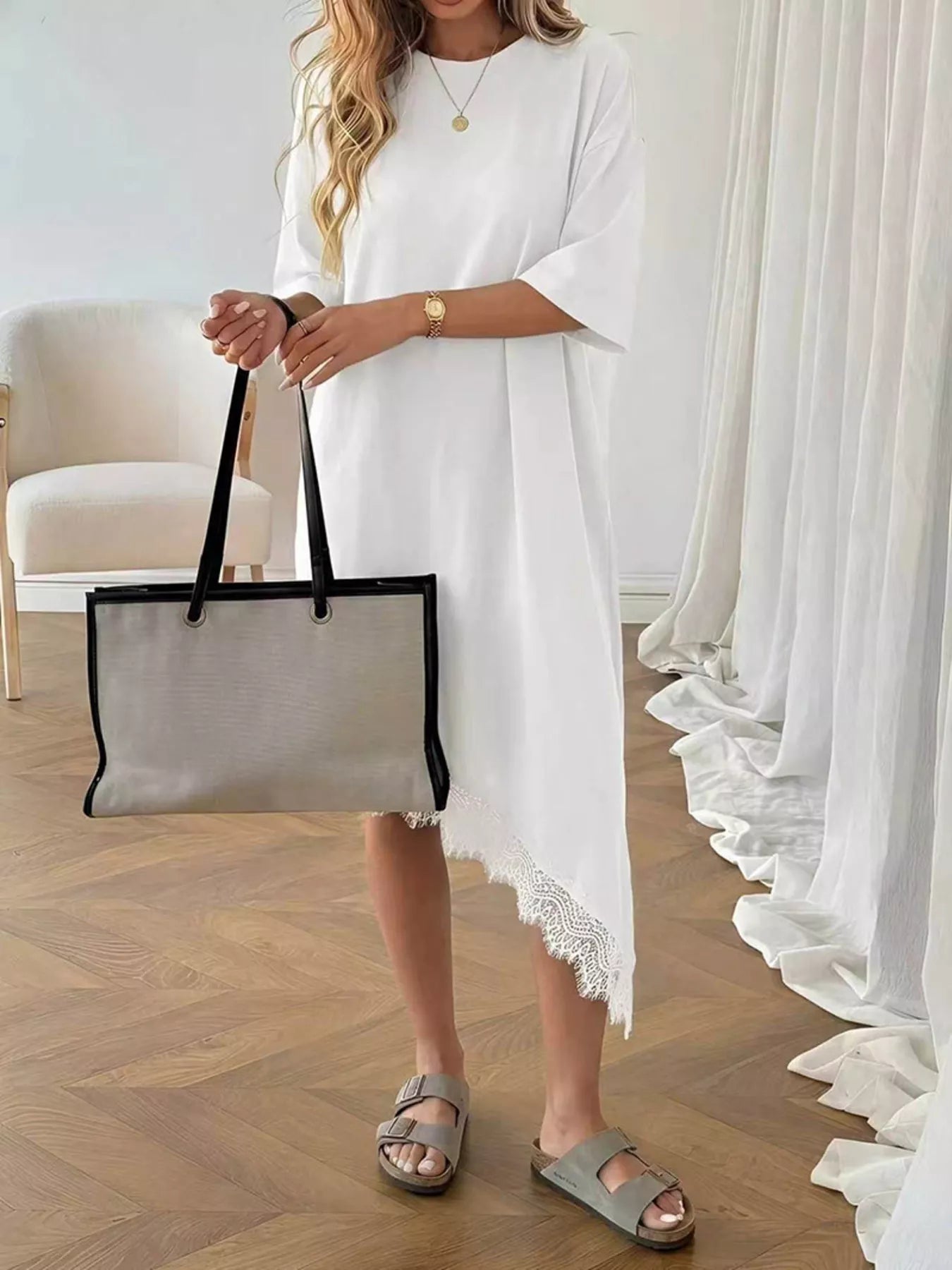 Lace Trim Asymmetrical Hem T-shirt Dress