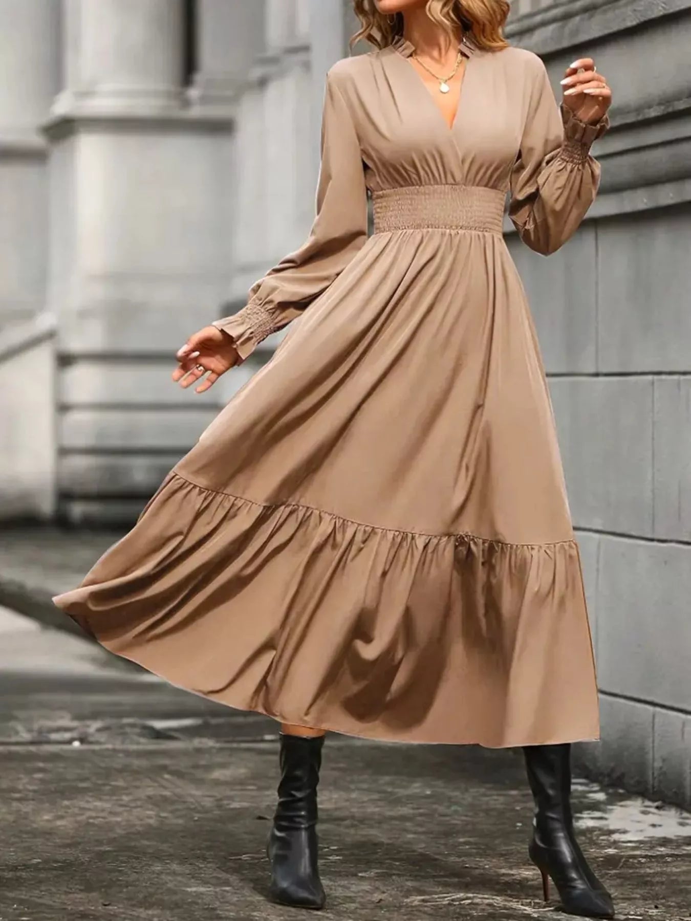 Surplice Long Sleeve Tiered Midi Dress