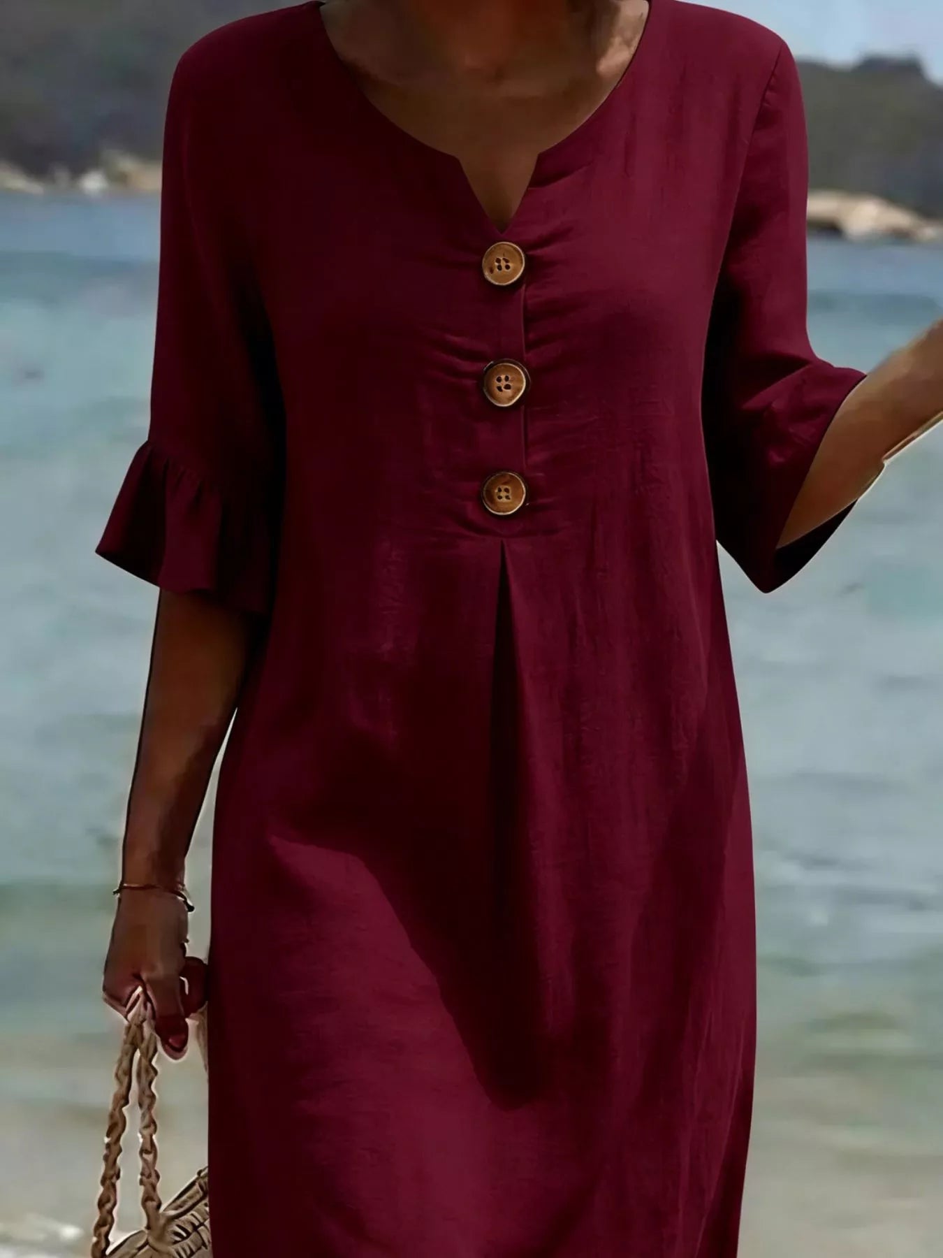 Full Size Button Decor Flounce Sleeve Dress Plus Size