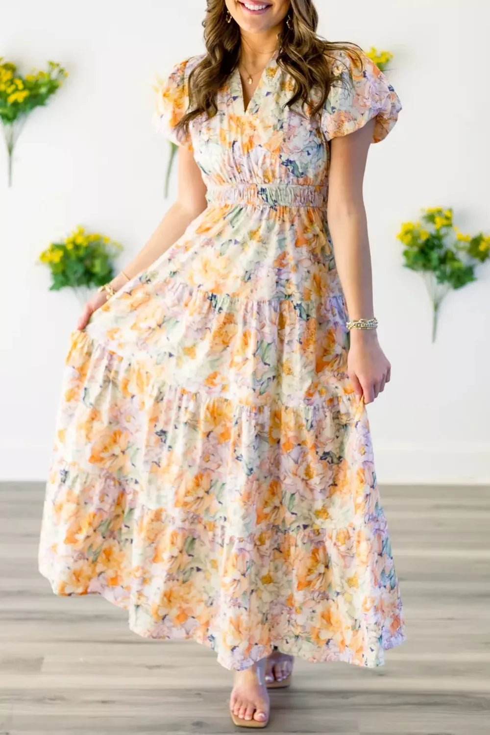 Floral Print Smocked Tiered Maxi Dress