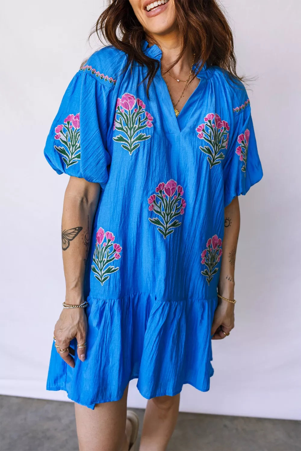 Flower Embroidered Split Neck Short Puff Sleeve Ruffle Hem Dress