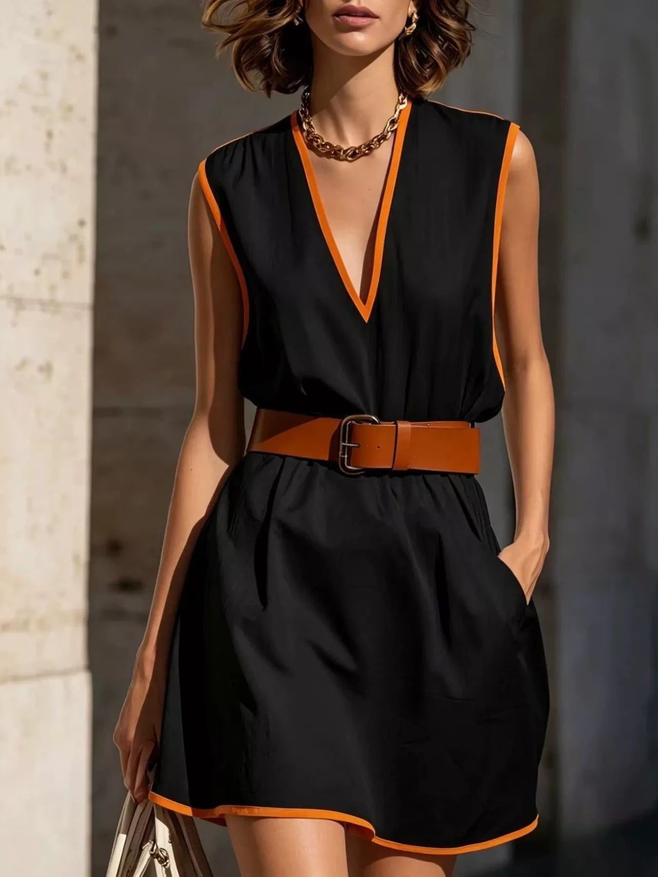 Contrast Trim V-Neck Sleeveless Dress