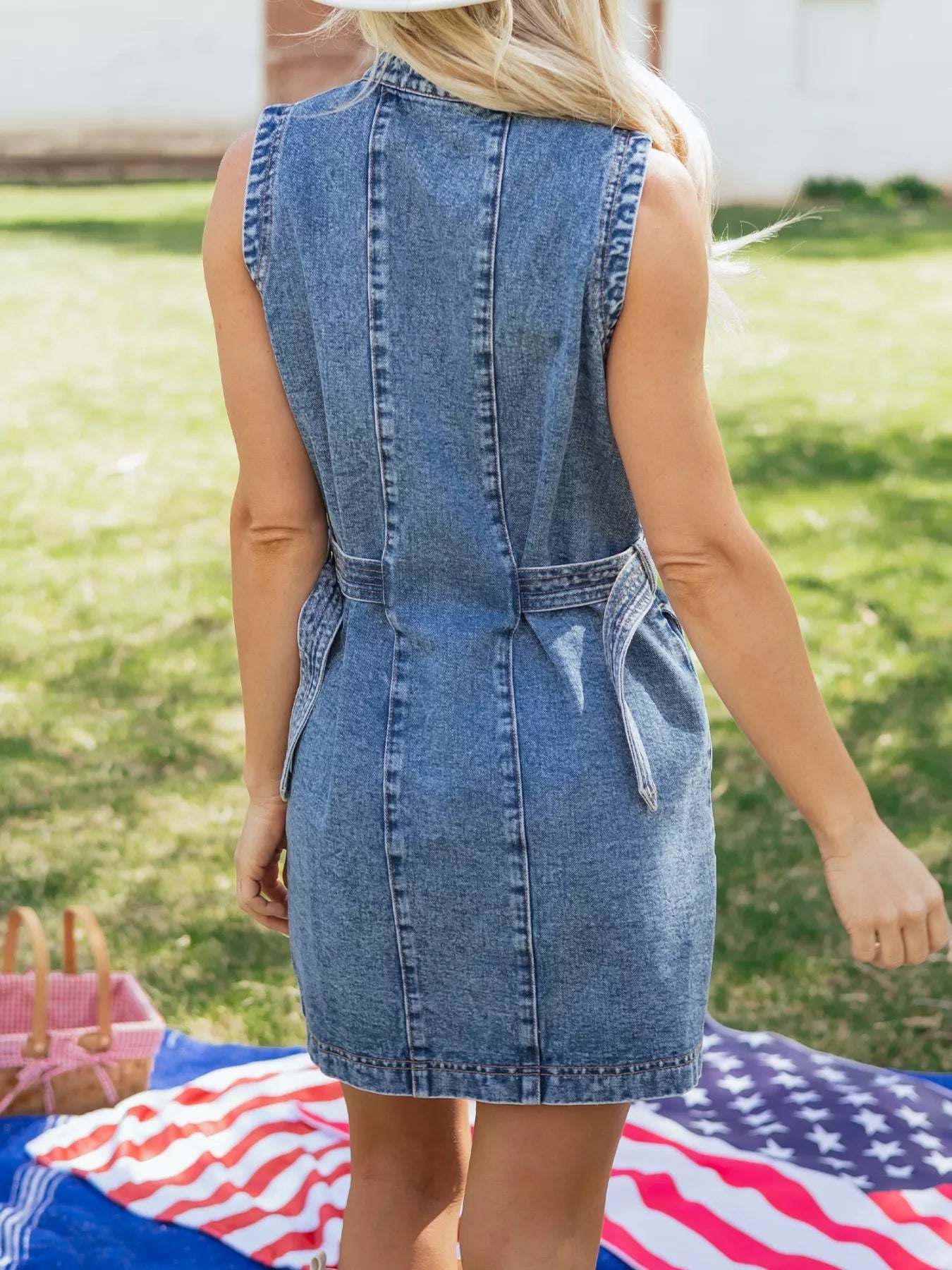 Western Belt Button Down Sleeveless Denim Short Dress